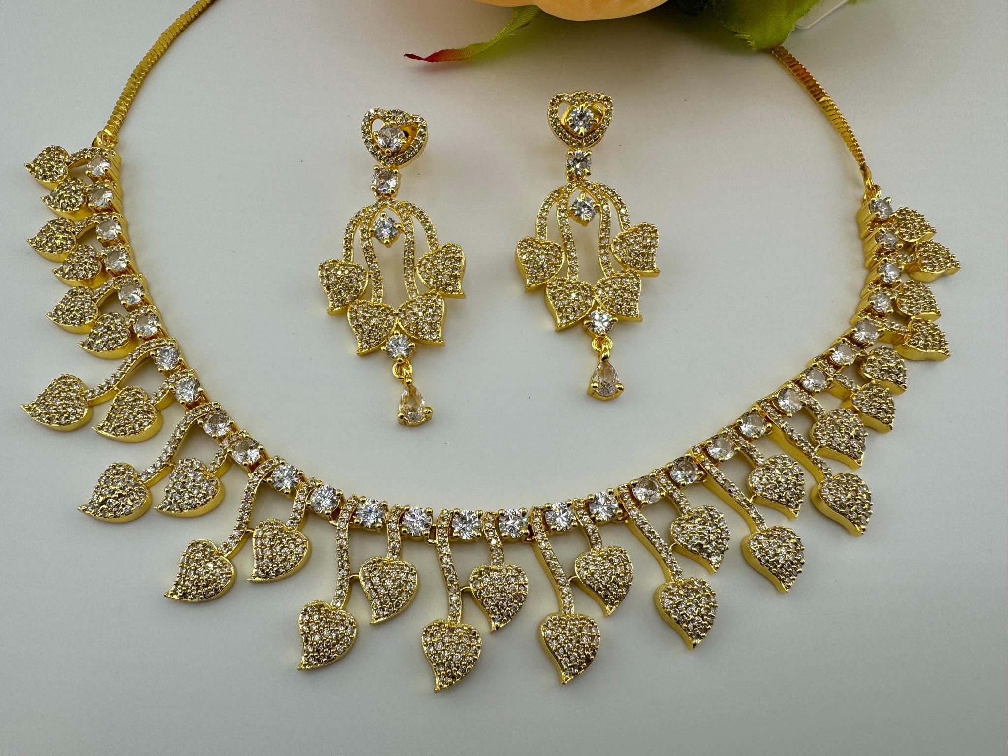 Premium Quality American Diamond/Cubic Zirconia Gold Necklace with long earring/Indian jewelry/Necklace set/Bridesmaids gift/Gold necklace