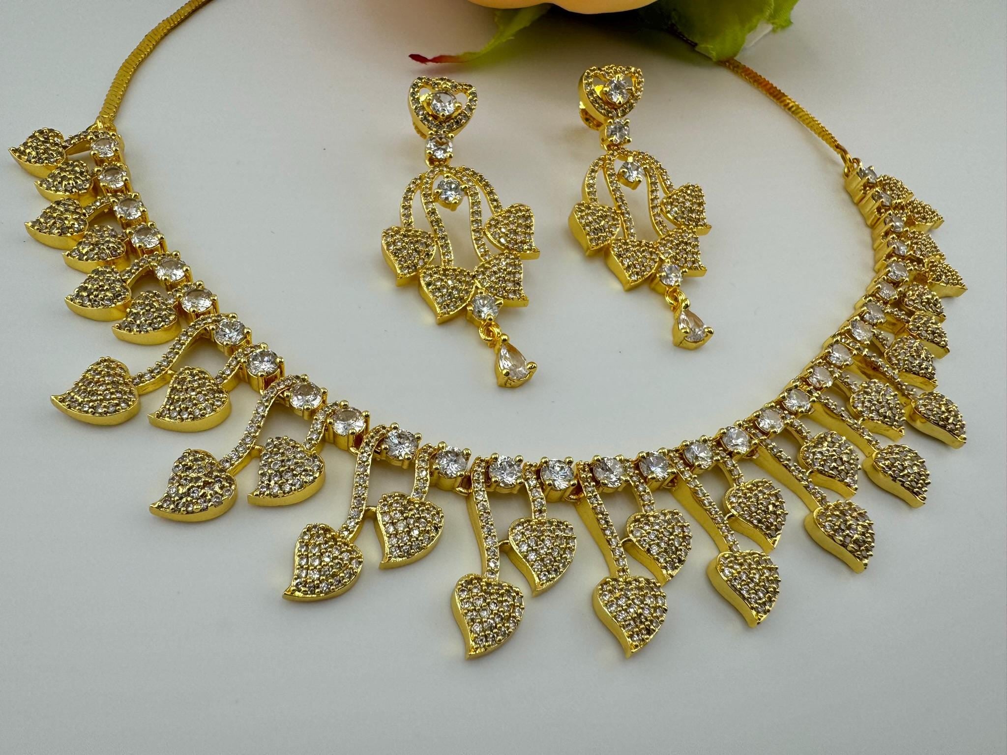 Premium Quality American Diamond/Cubic Zirconia Gold Necklace with long earring/Indian jewelry/Necklace set/Bridesmaids gift/Gold necklace