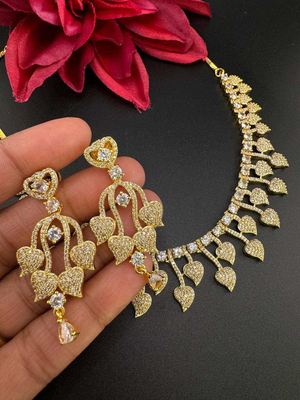 Premium Quality American Diamond/Cubic Zirconia Gold Necklace with long earring/Indian jewelry/Necklace set/Bridesmaids gift/Gold necklace