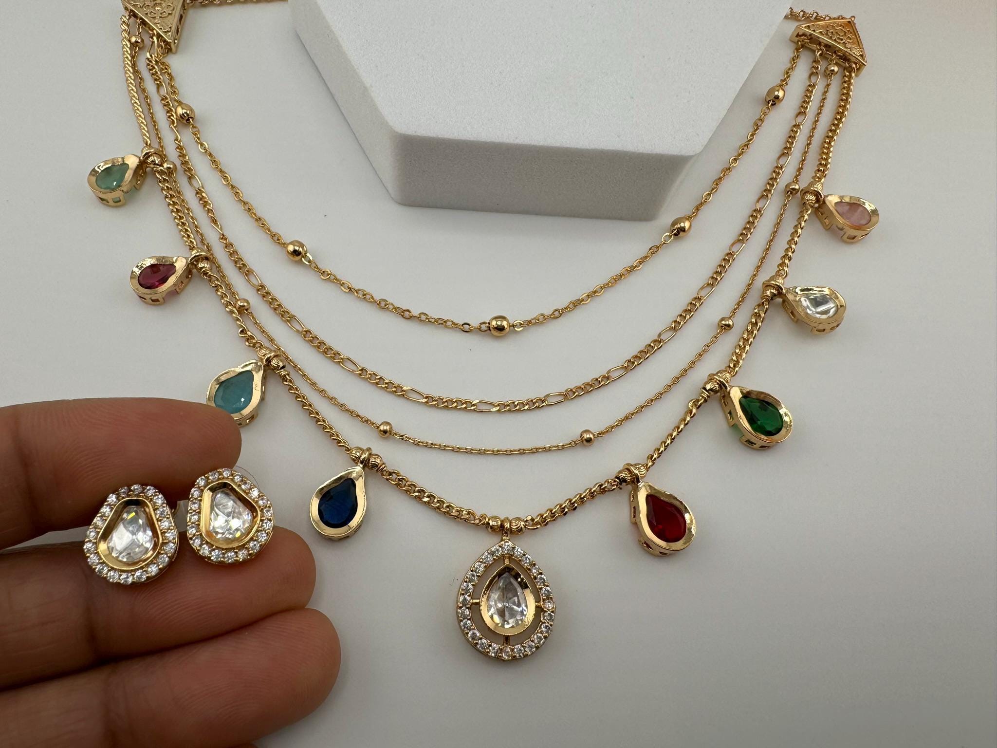 Premium Quality Multi Layer gold chains with Kundan flexible Necklace set with studs earring/Indian jewelry/Sleek Necklace set