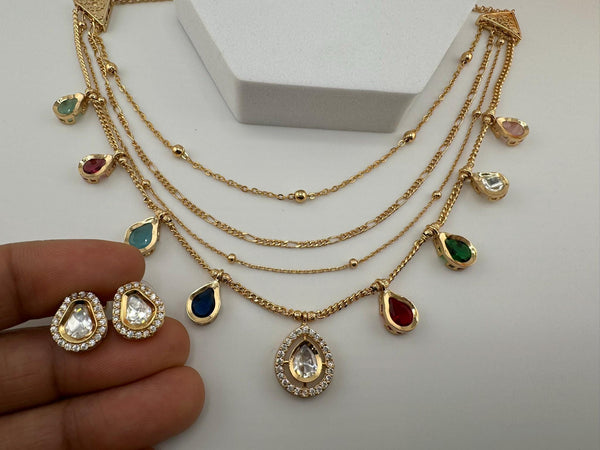 Premium Quality Multi Layer gold chains with Kundan flexible Necklace set with studs earring/Indian jewelry/Sleek Necklace set