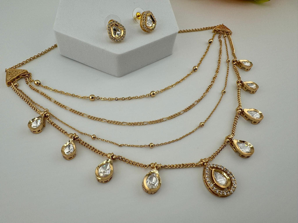 Premium Quality Multi Layer gold chains with Kundan flexible Necklace set with studs earring/Indian jewelry/Sleek Necklace set