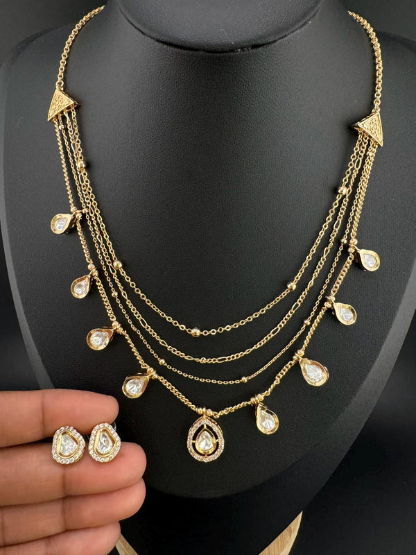 Premium Quality Multi Layer gold chains with Kundan flexible Necklace set with studs earring/Indian jewelry/Sleek Necklace set