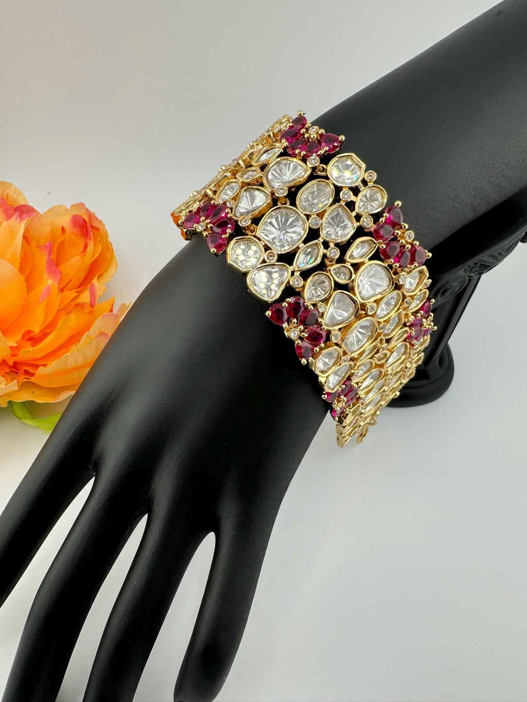 Premium Quality Moissanite Kundan, cubic zirconia is Designer inspired Bracelet/Adjustable broad Bracelet/Indian jewelry/Gold Ruby Bracelet