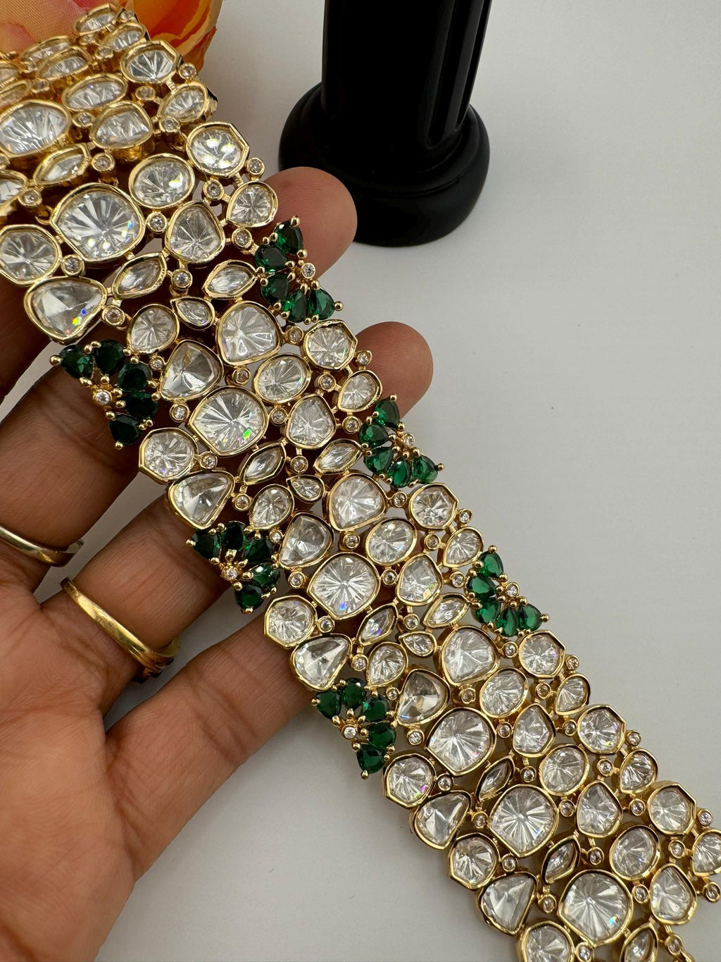 Premium Quality Moissanite Kundan, cubic zirconia is Designer inspired Bracelet/Adjustable broad Bracelet/Indian jewelry/Gold Green Bracelet