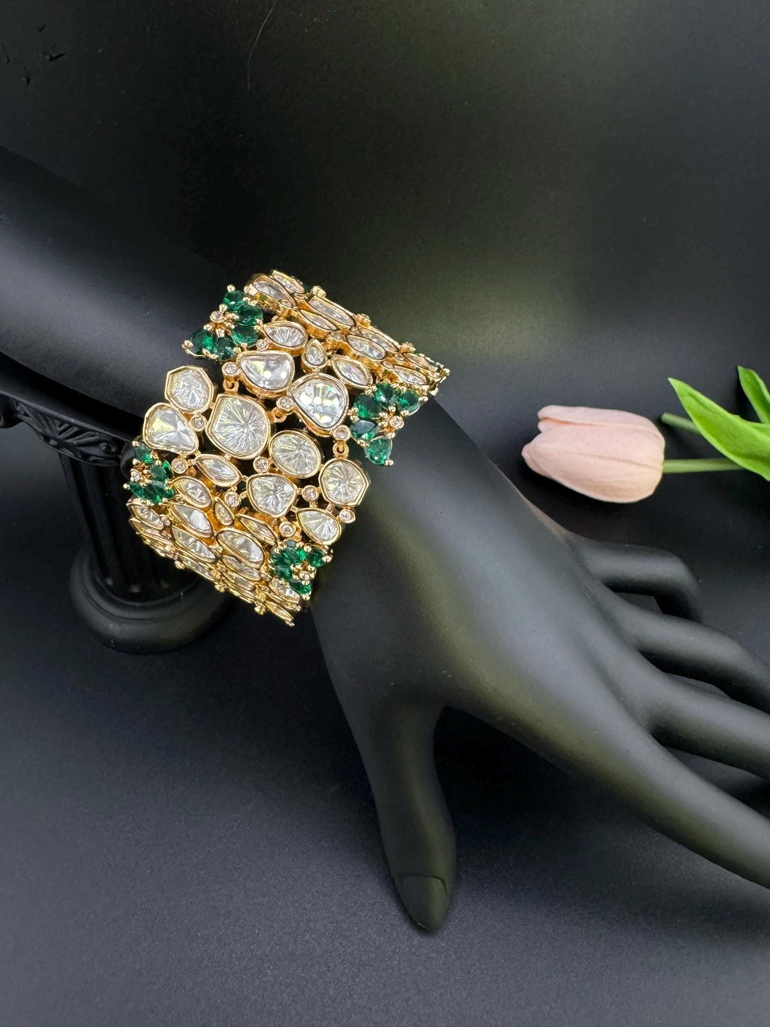 Premium Quality Moissanite Kundan, cubic zirconia is Designer inspired Bracelet/Adjustable broad Bracelet/Indian jewelry/Gold Green Bracelet