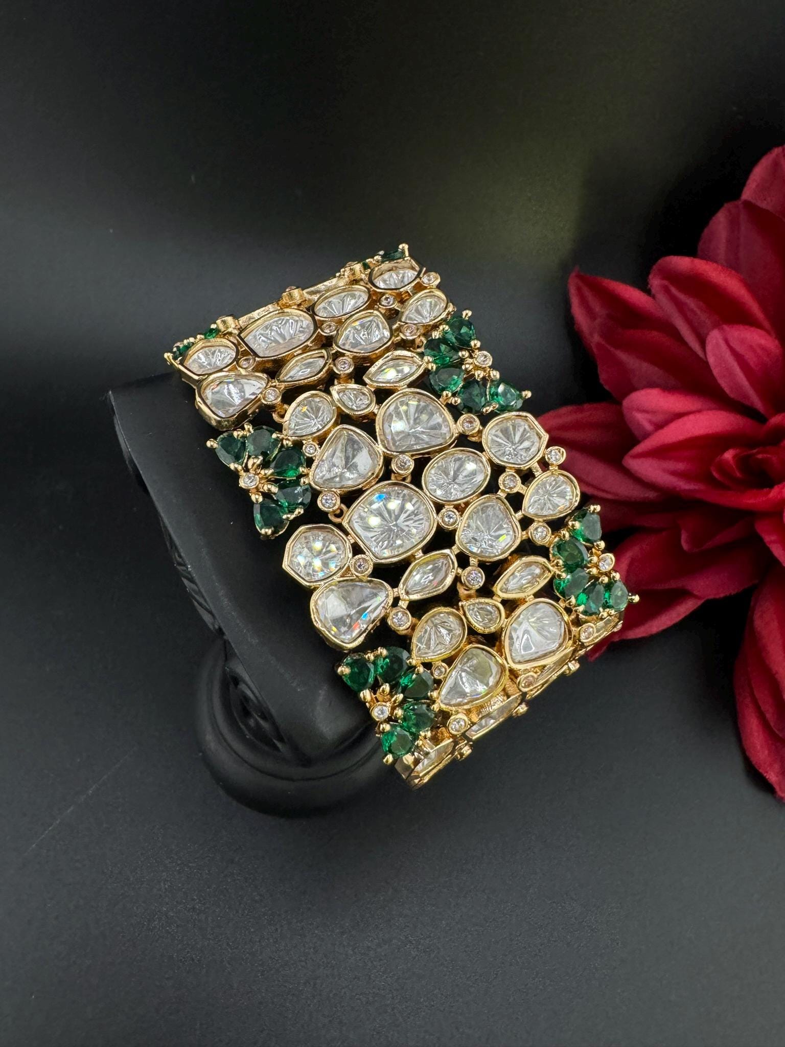Premium Quality Moissanite Kundan, cubic zirconia is Designer inspired Bracelet/Adjustable broad Bracelet/Indian jewelry/Gold Green Bracelet