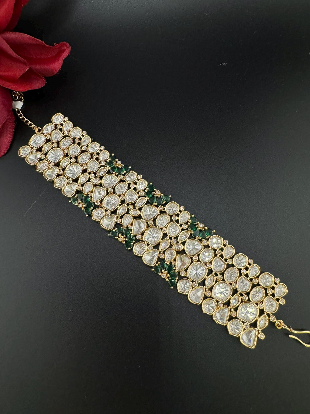 Premium Quality Moissanite Kundan, cubic zirconia is Designer inspired Bracelet/Adjustable broad Bracelet/Indian jewelry/Gold Green Bracelet