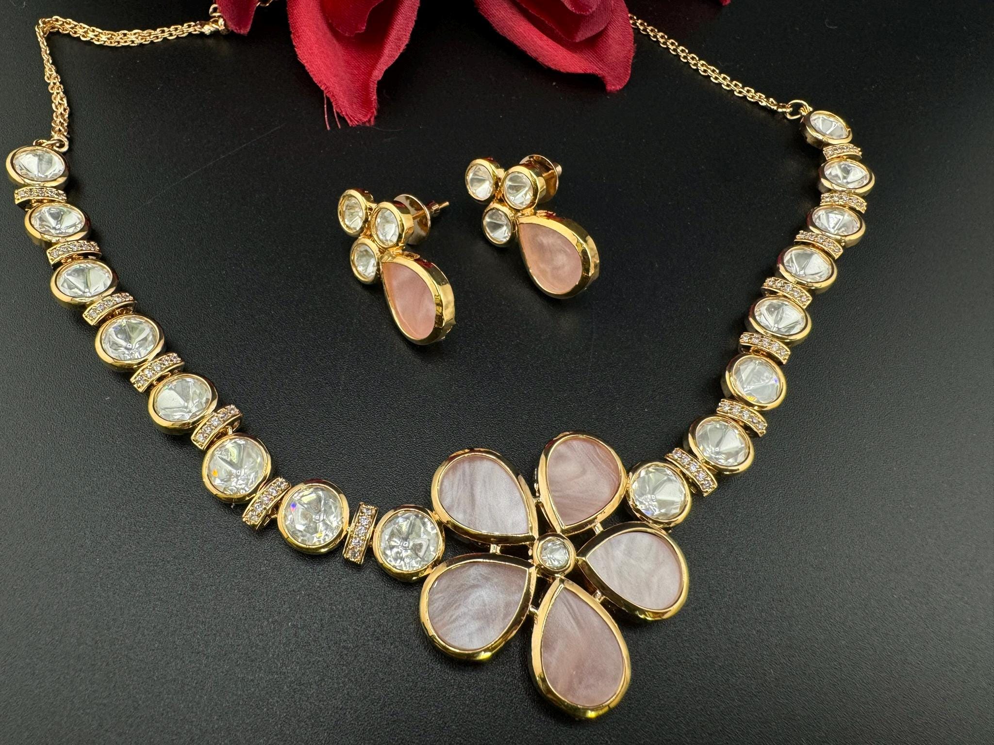 Premium Tyaani inspired Designer Necklace set with Mother Of Pearls and Moissanite Kundan