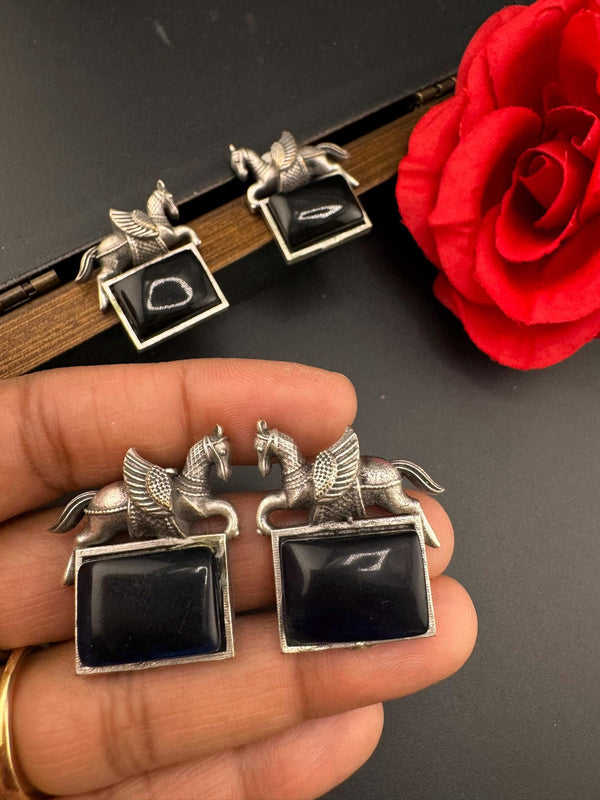 Oxidized German silver studs earrings with Horse details