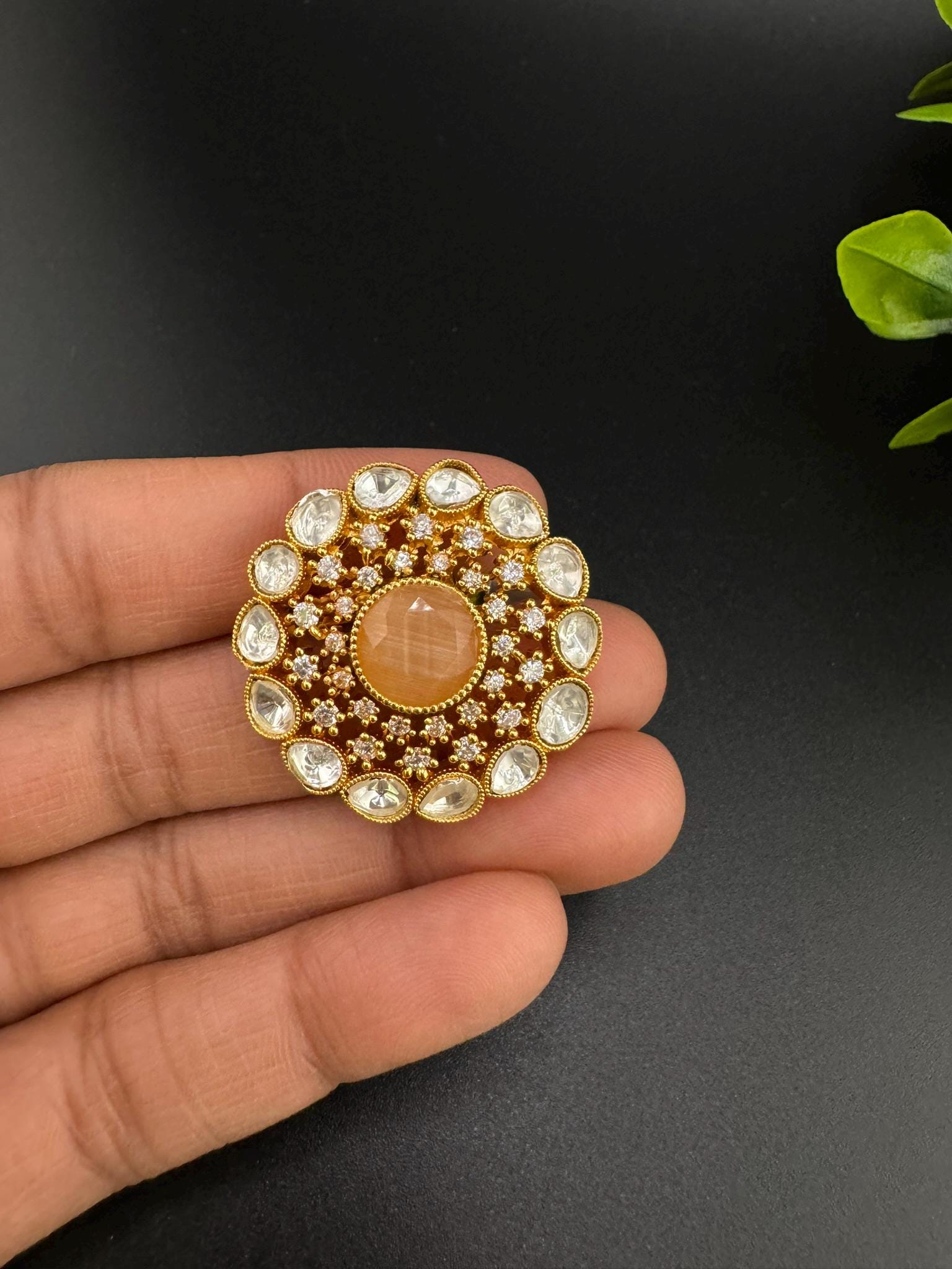 Adjustable Premium Big Finger Ring with Moissanite Kundan and Cubic Zirconia