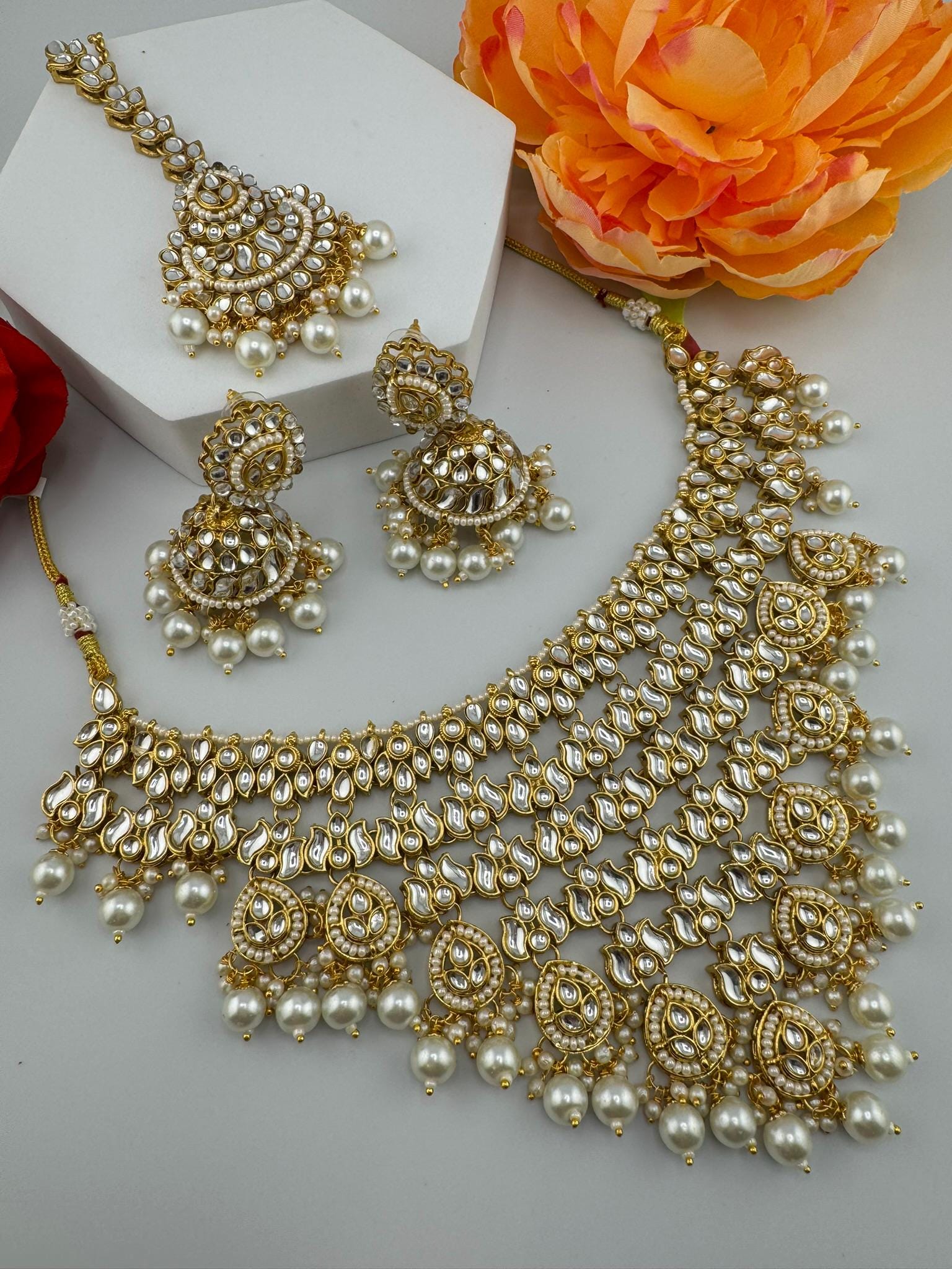 Kundan White Bridal Necklace Set/High Quality Kundan set/Bridal necklace set with Jhumka and Tika/Bridal Jewelry/Indian Bridal set/Statement