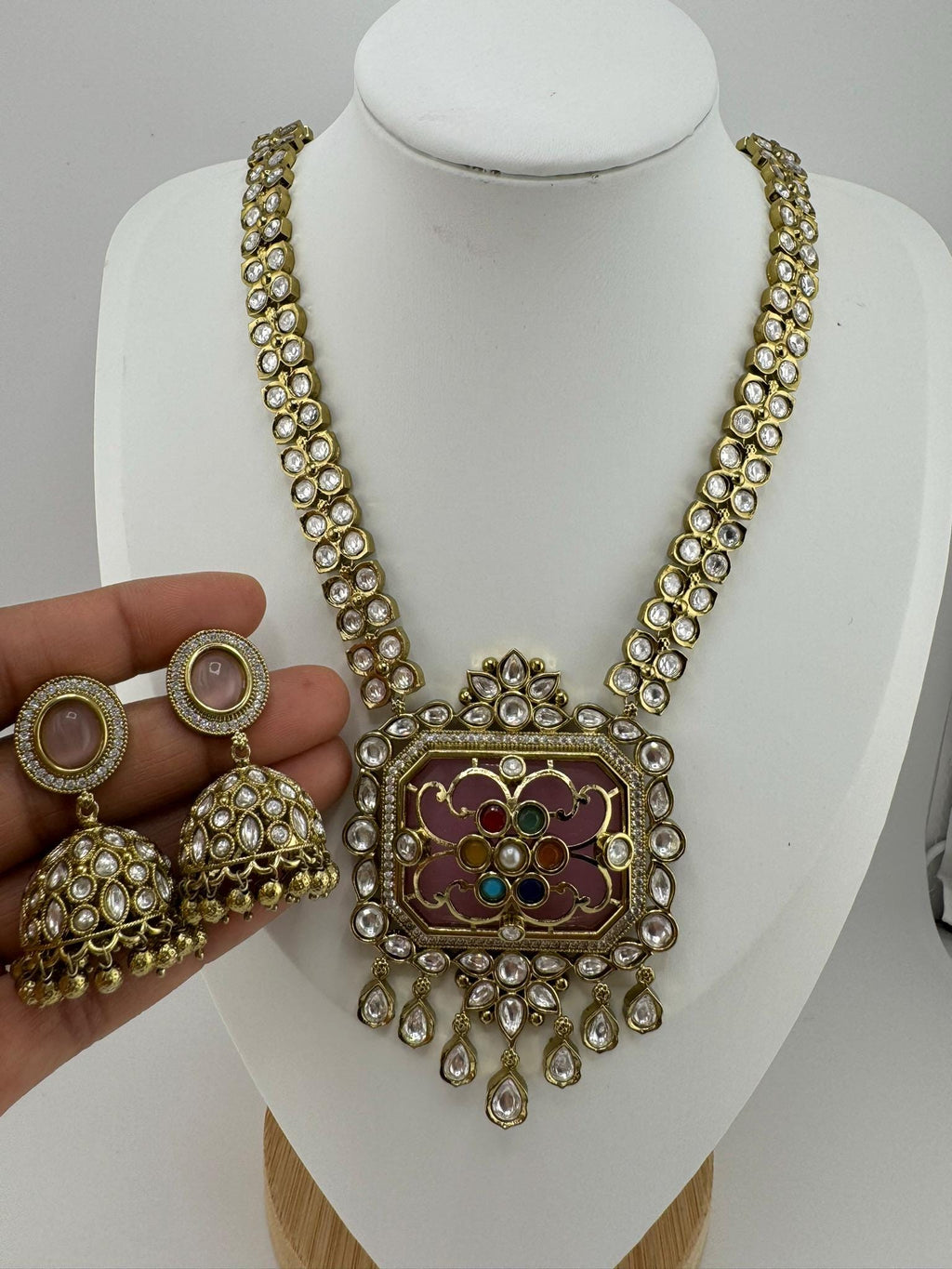 Premium Quality Moissanite Pachi Kundan Inlay work Rani Haar is Amrapali Inspired Designer set/long Necklace set with Jhumka earring/Bridal