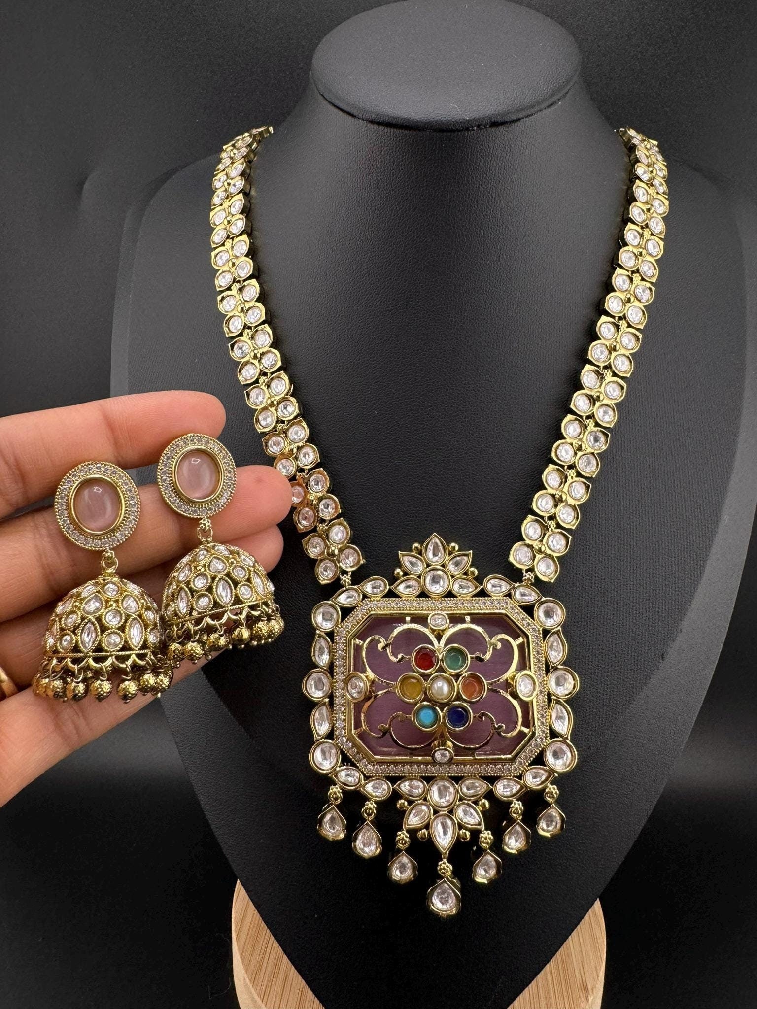 Premium Quality Moissanite Pachi Kundan Inlay work Rani Haar is Amrapali Inspired Designer set/long Necklace set with Jhumka earring/Bridal