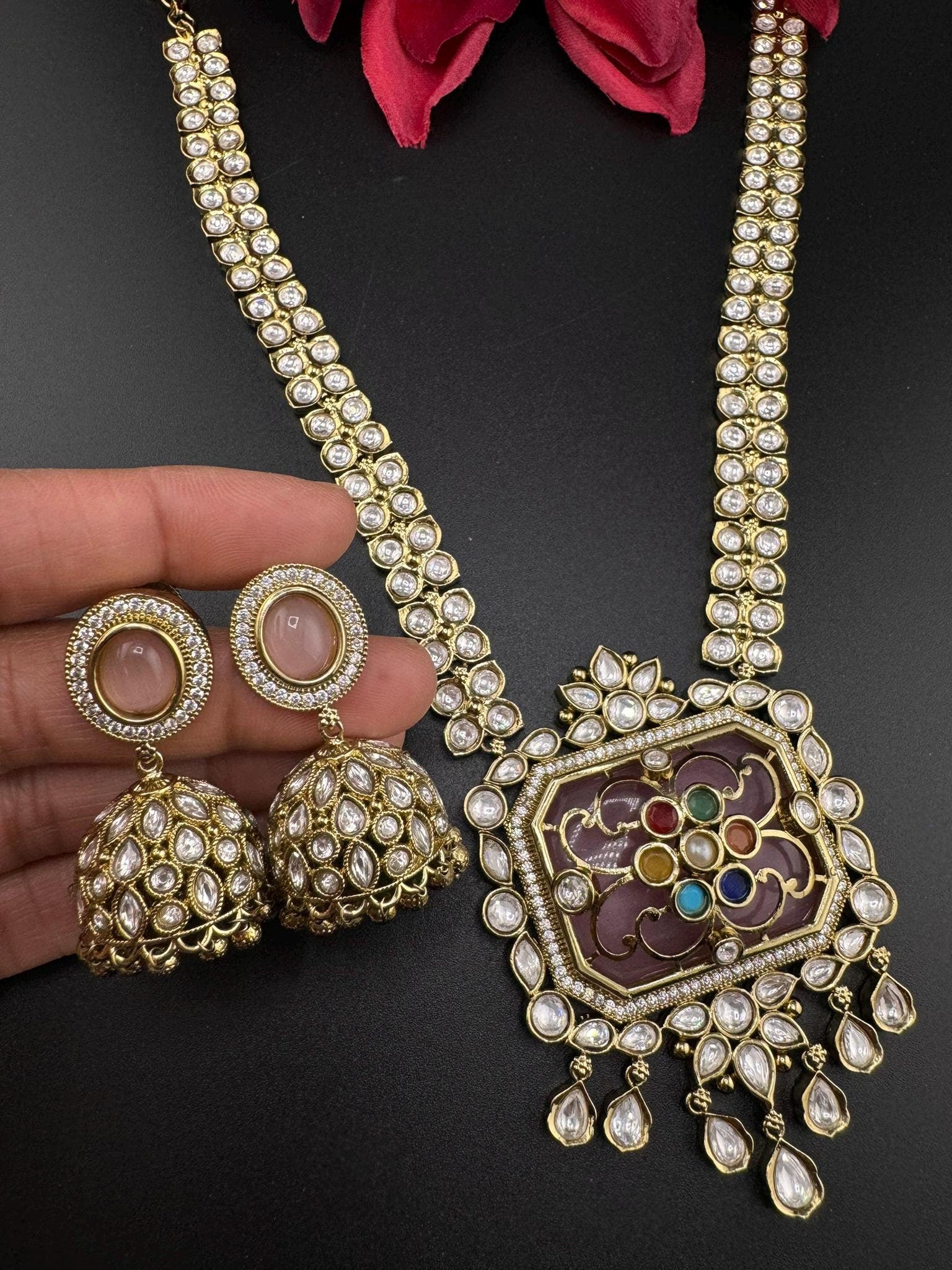 Premium Quality Moissanite Pachi Kundan Inlay work Rani Haar is Amrapali Inspired Designer set/long Necklace set with Jhumka earring/Bridal
