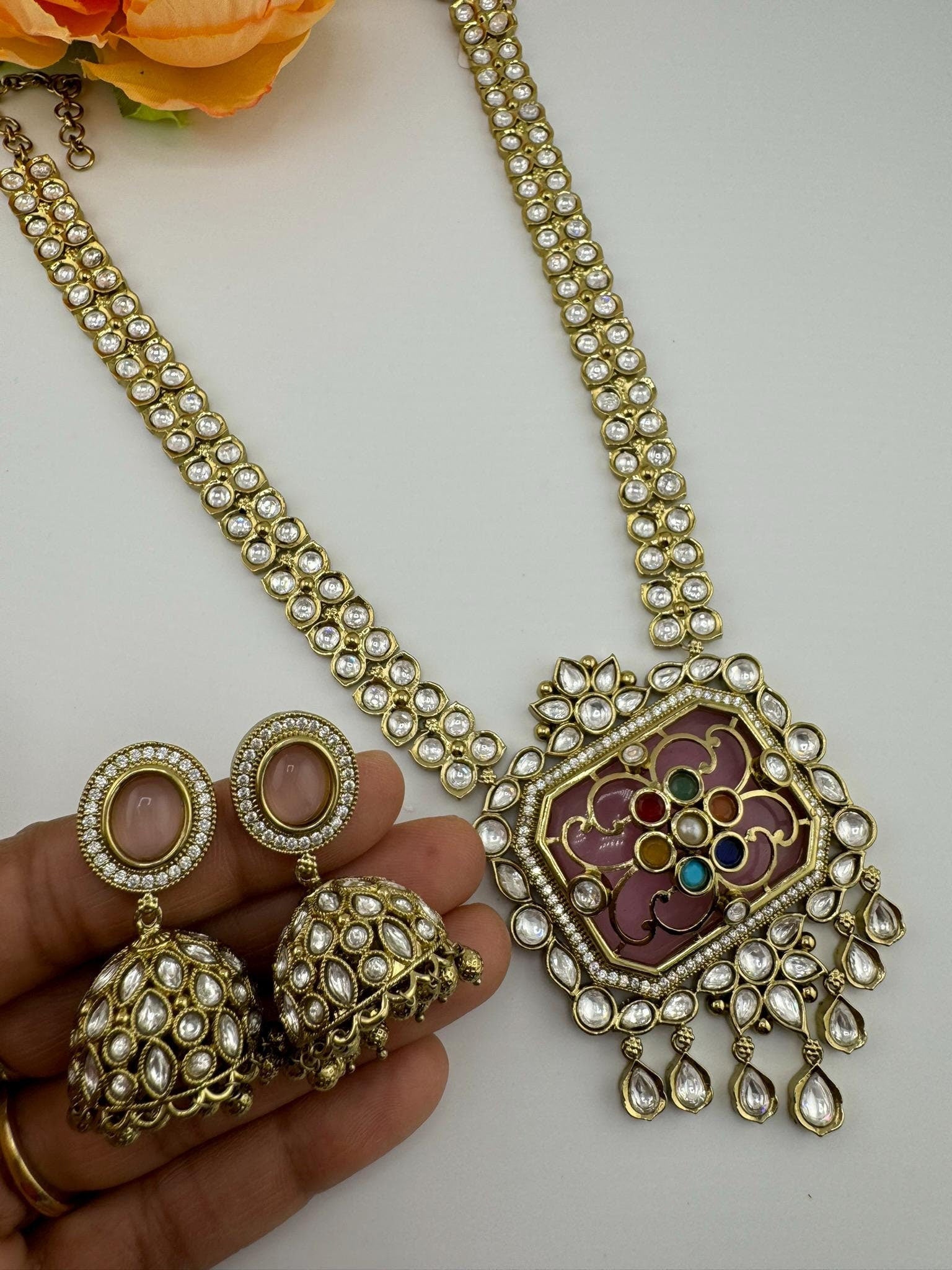 Premium Quality Moissanite Pachi Kundan Inlay work Rani Haar is Amrapali Inspired Designer set/long Necklace set with Jhumka earring/Bridal