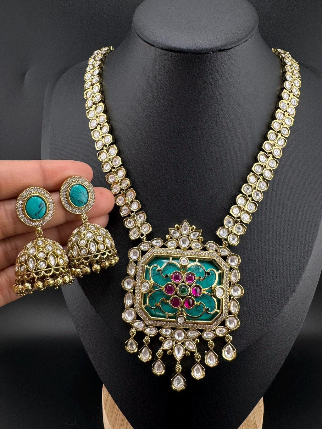 Turquoise Premium Quality Moissanite Pachi Kundan Inlay work Rani Haar is Amrapali Inspired Designer set/long Necklace with Jhumka earring