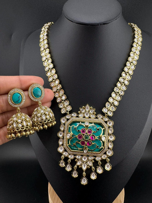 Turquoise Premium Quality Moissanite Pachi Kundan Inlay work Rani Haar is Amrapali Inspired Designer set/long Necklace with Jhumka earring