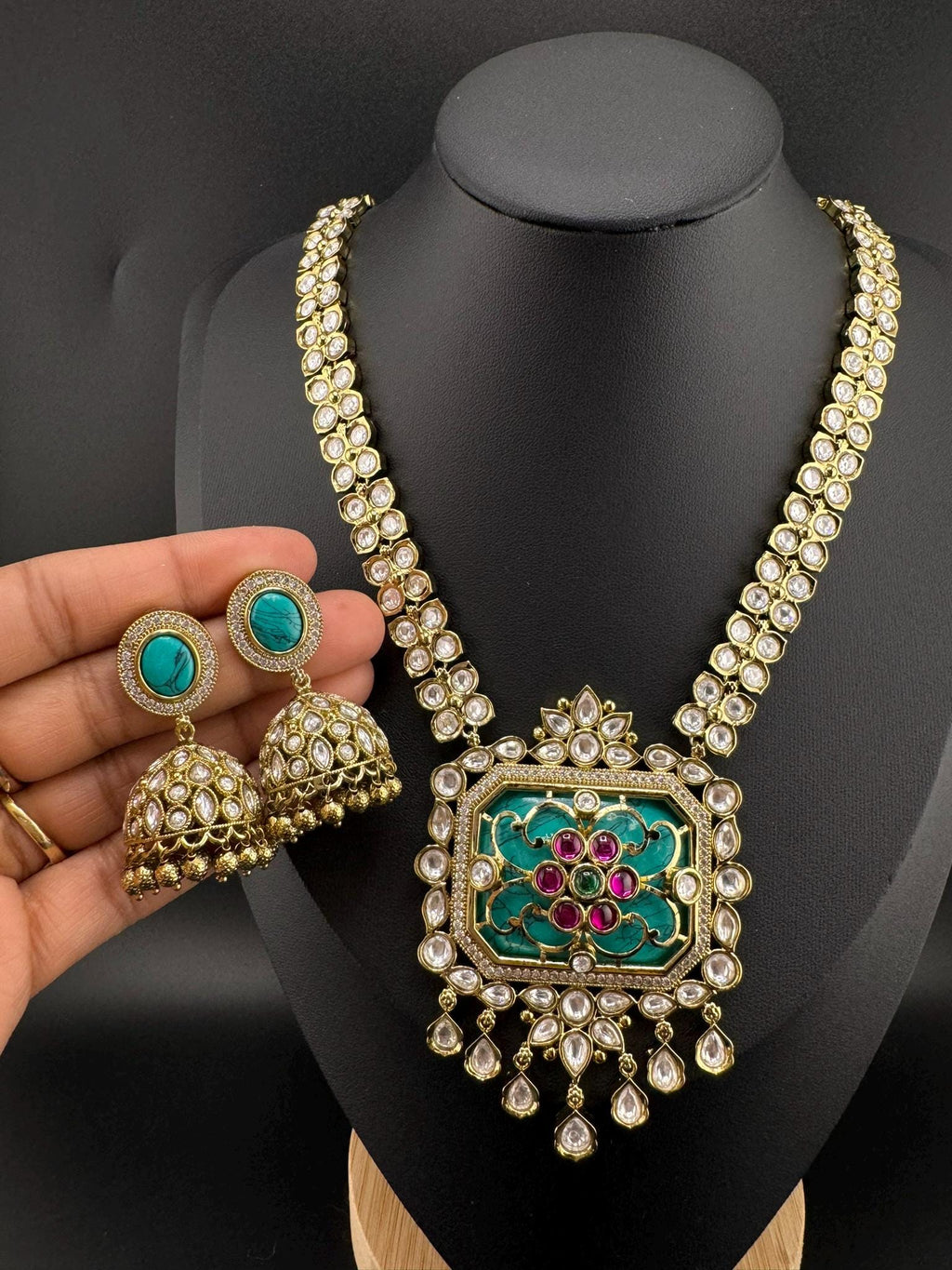 Turquoise Premium Quality Moissanite Pachi Kundan Inlay work Rani Haar is Amrapali Inspired Designer set/long Necklace with Jhumka earring