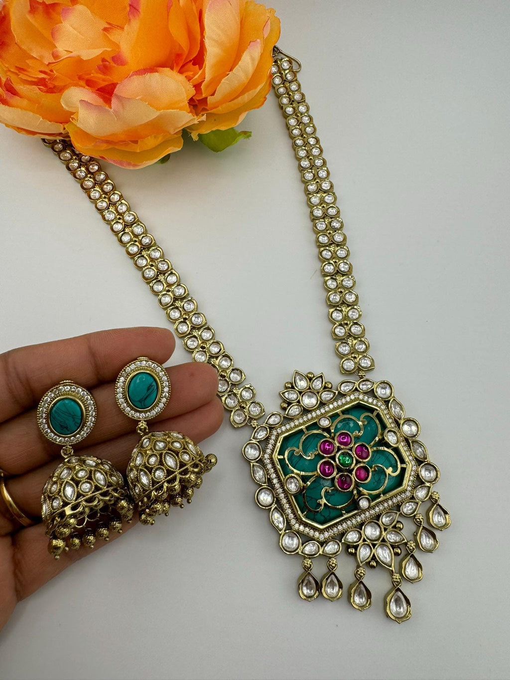 Turquoise Premium Quality Moissanite Pachi Kundan Inlay work Rani Haar is Amrapali Inspired Designer set/long Necklace with Jhumka earring