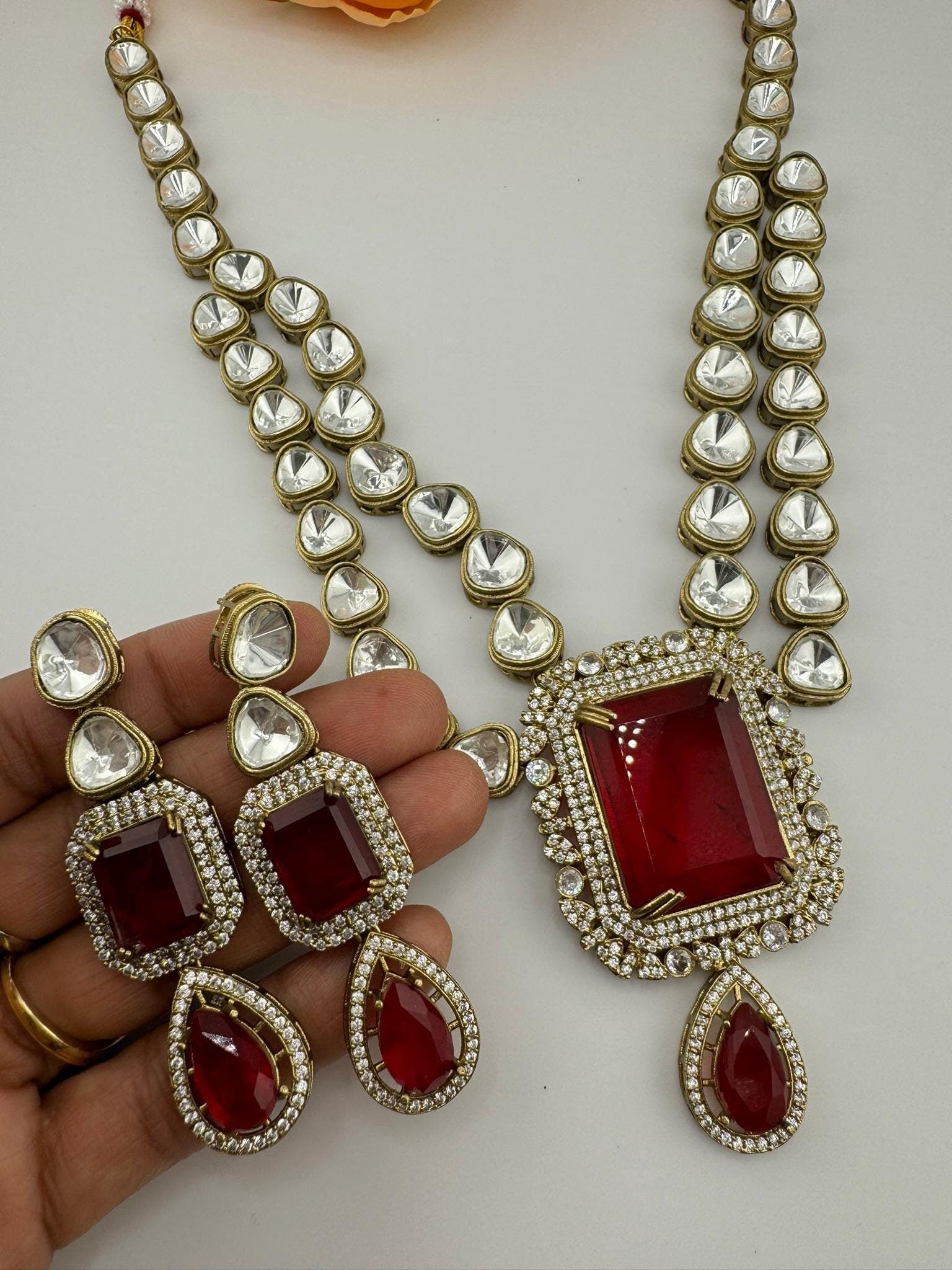 Dark Red Premium Quality Moissanite Uncut Kundan, Doublet stone 2 layer Rani Haar is Designer long necklace/long Necklace with long earring