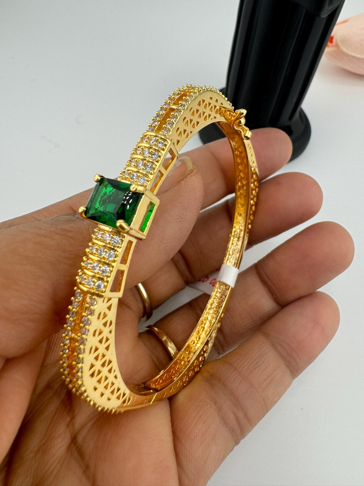 High Quality Gold Polish Green stone, CZ Openable Bracelet Designer bracelet/Statement Bracelet/Indian Jewelry/Openable bangle/Square mesh