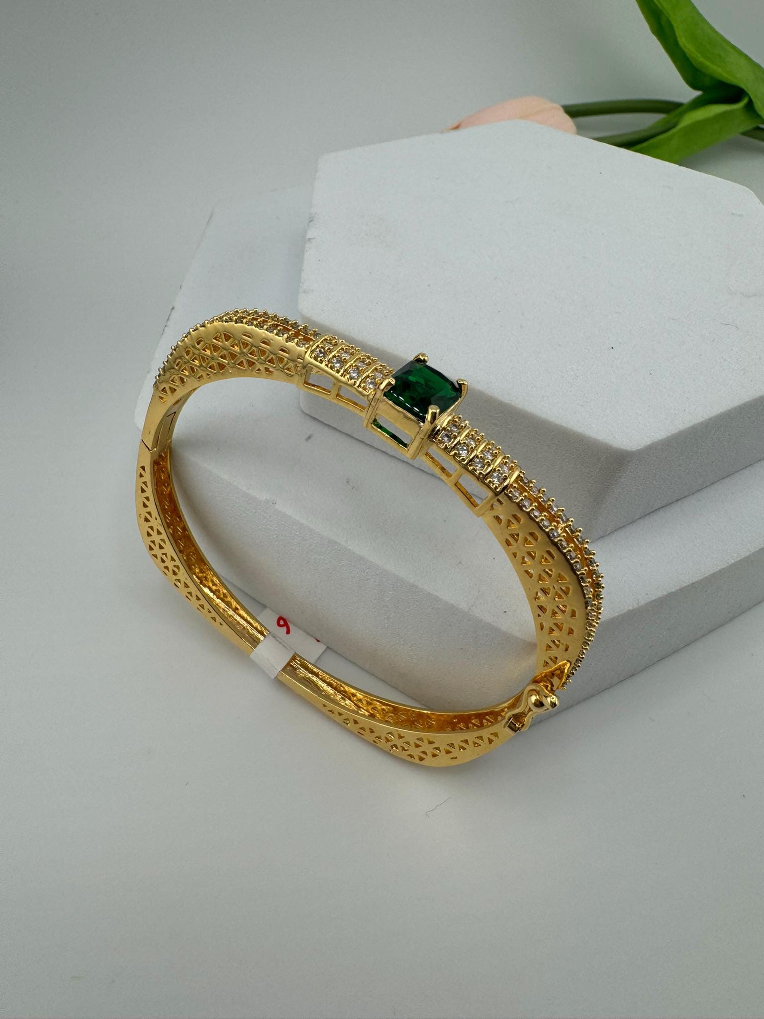 High Quality Gold Polish Green stone, CZ Openable Bracelet Designer bracelet/Statement Bracelet/Indian Jewelry/Openable bangle/Square mesh