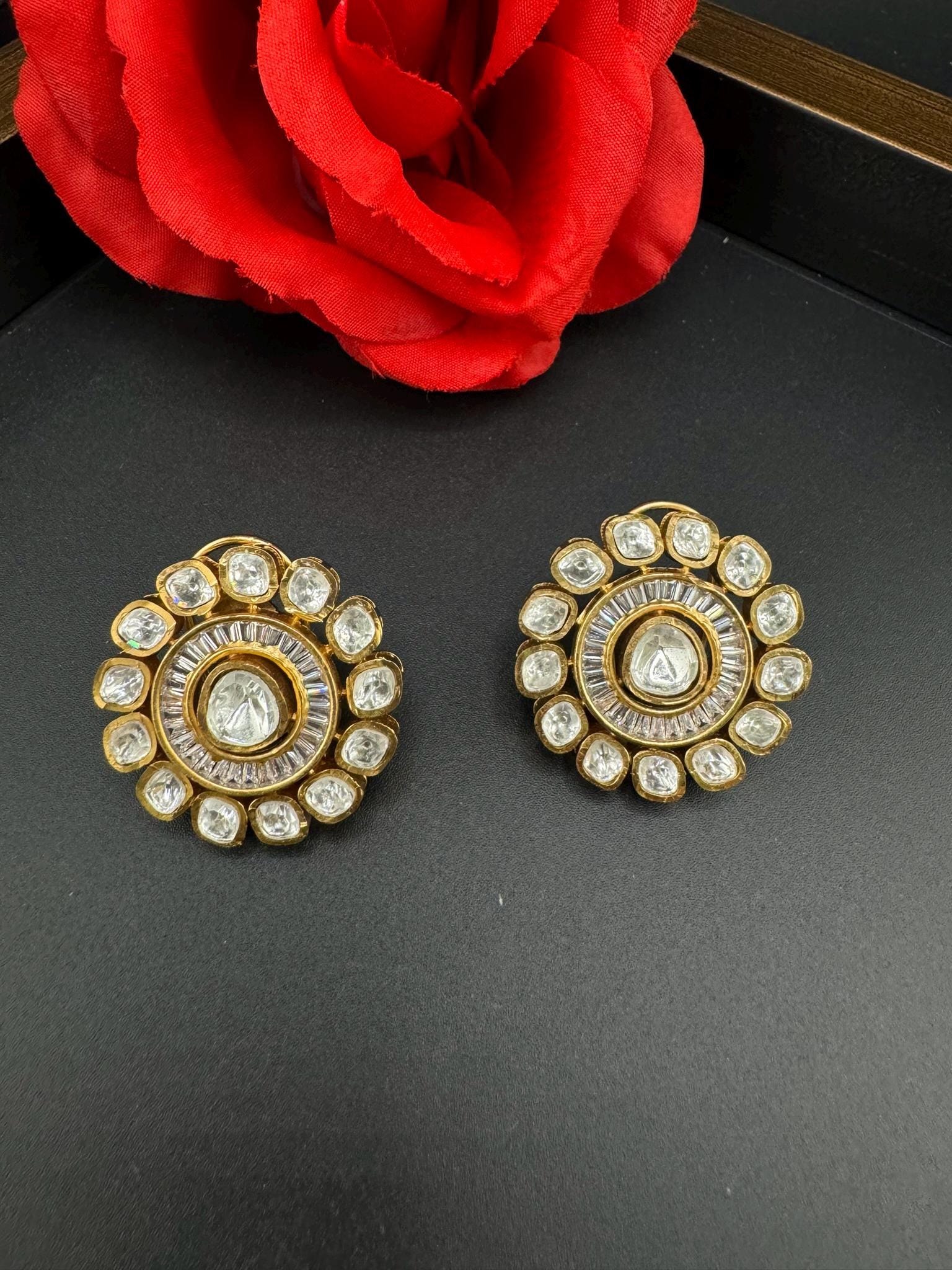 High Quality Premium uncut Kundan and CZ in channel setting is designer Big stud earrings/Big kundan pearls Stud earrings/statement stud