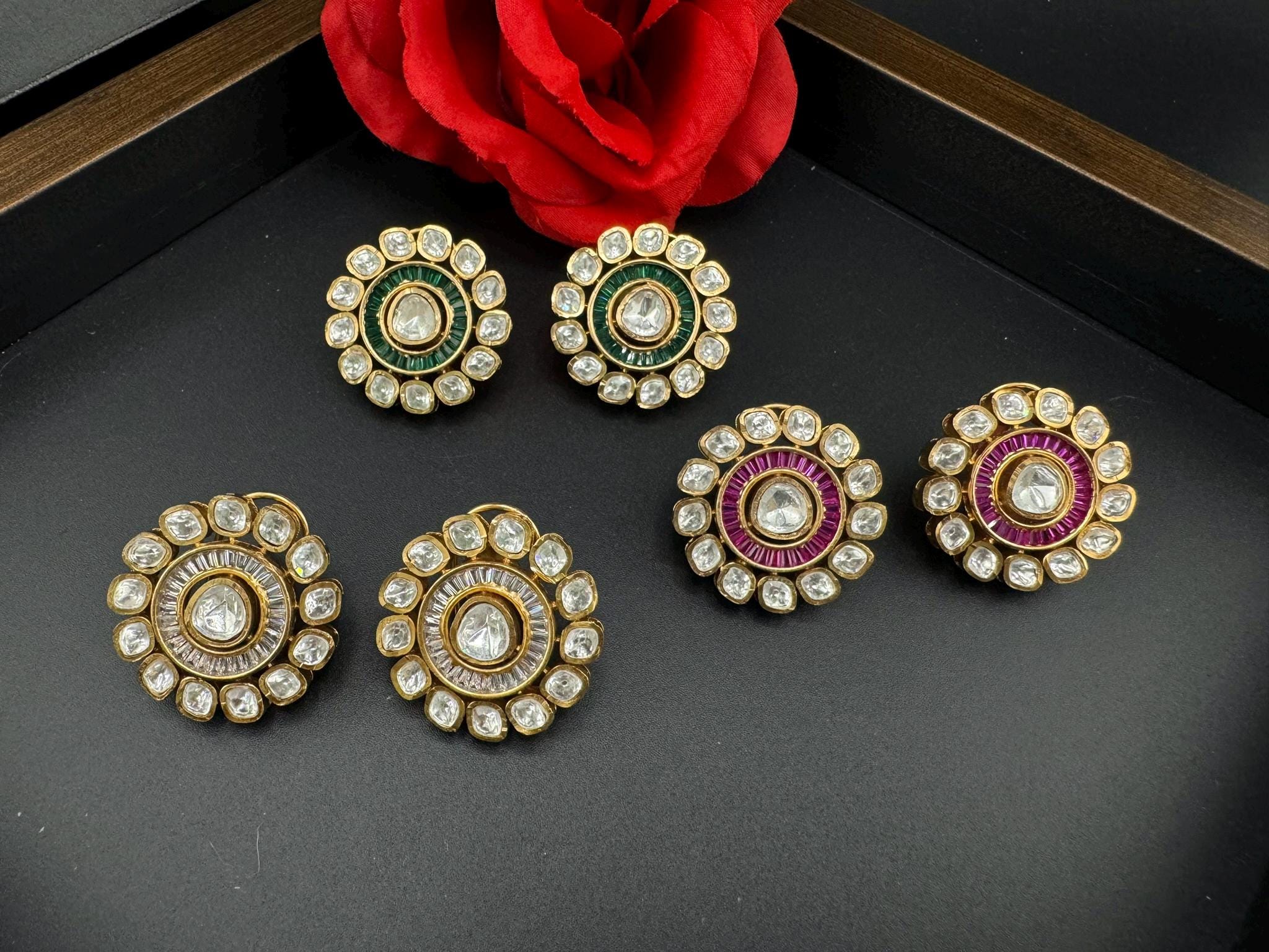 Tyaani Inspired Designer Premium uncut Kundan and CZ in channel setting Big stud earrings