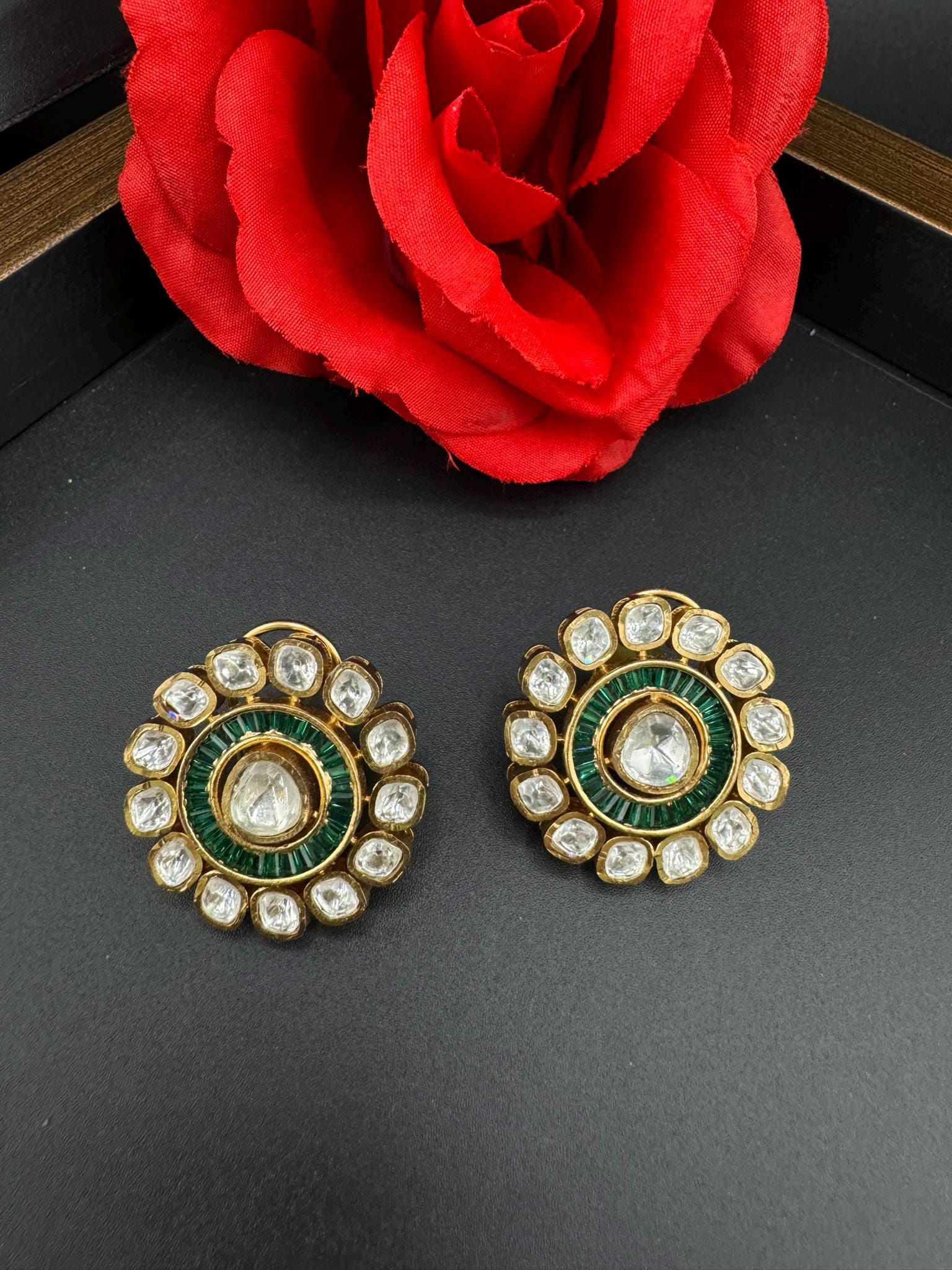 High Quality Premium uncut Kundan and CZ in channel setting is designer Big stud earrings/Big kundan pearls Stud earrings/statement stud