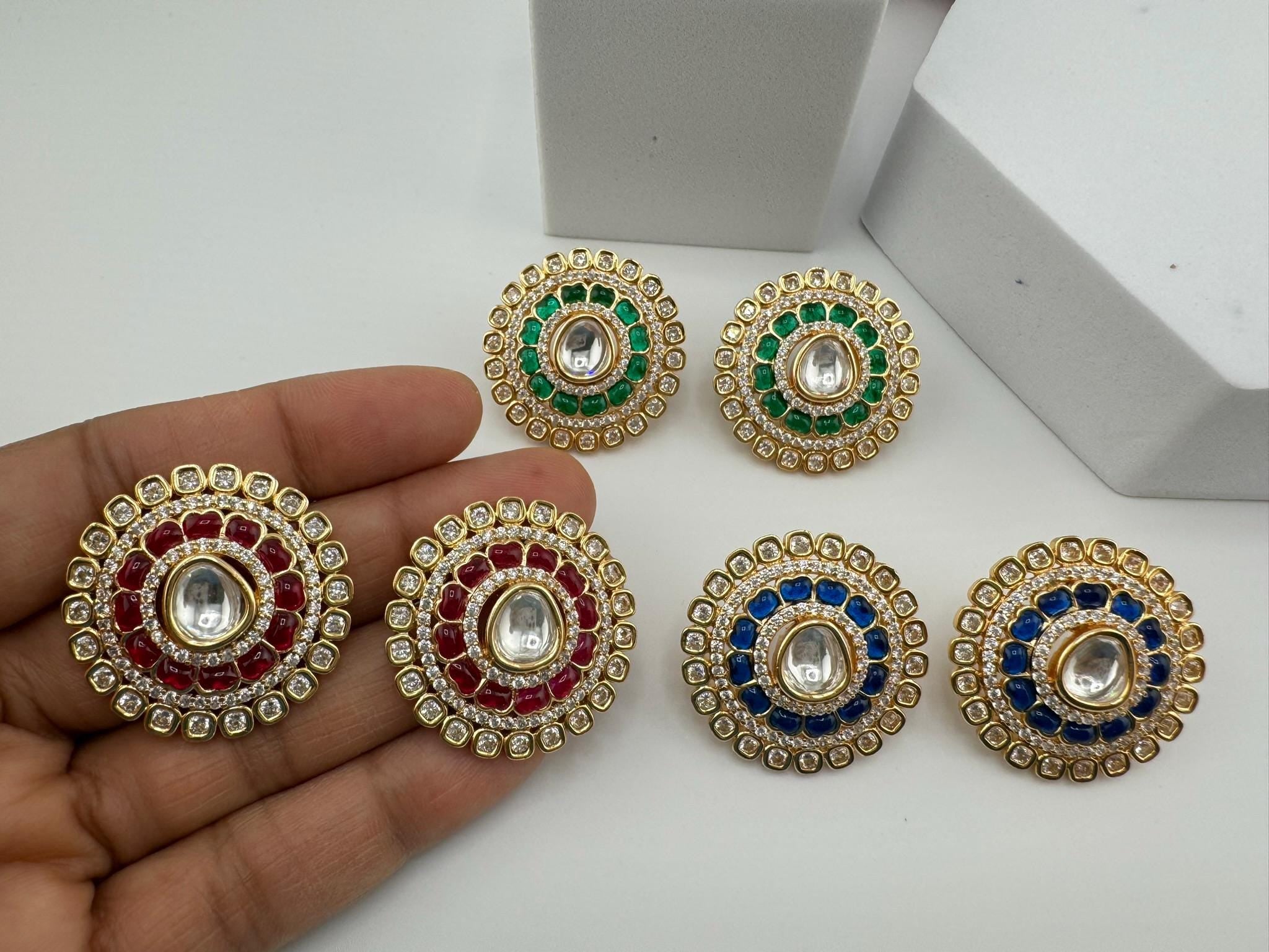 High Quality Premium Moissanite Kundan, CZ and stones is designer Big stud earrings/Big kundan Stud earrings/statement Oversized stud