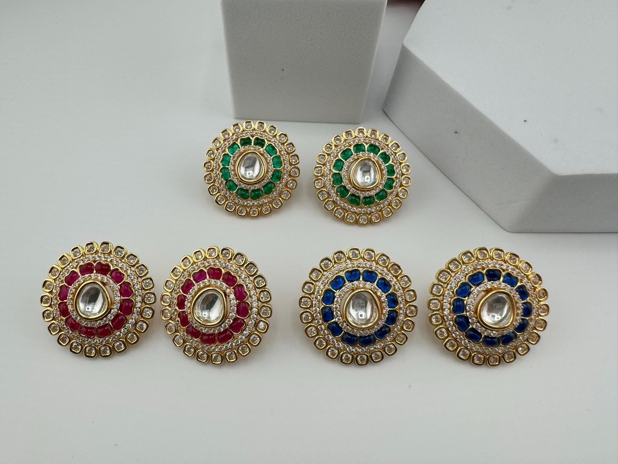 High Quality Premium Moissanite Kundan, CZ and stones is designer Big stud earrings/Big kundan Stud earrings/statement Oversized stud