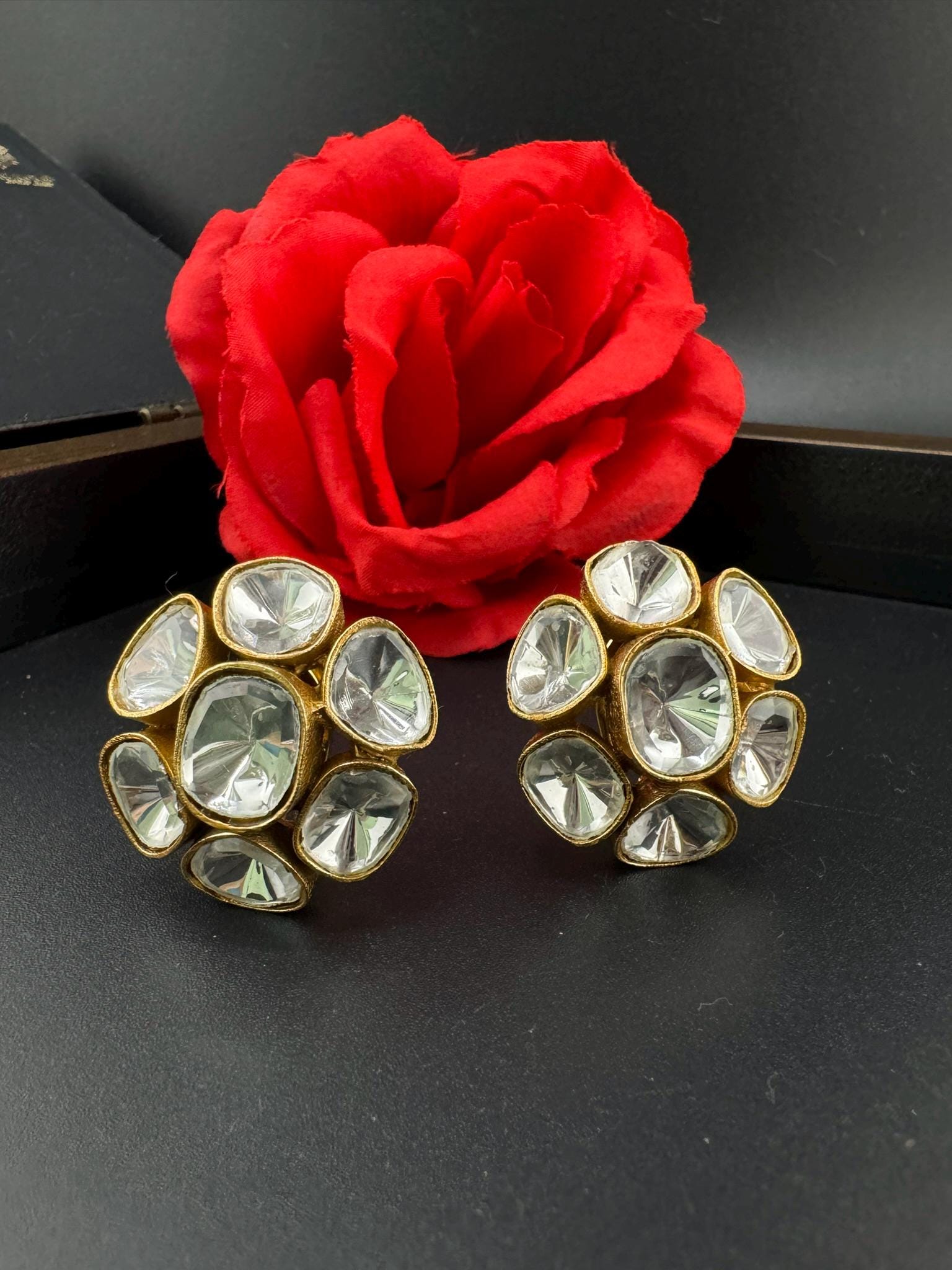 High Quality Premium uncut Kundan in unique setting is designer stud earrings with back support/uncut kundan Stud earrings/statement stud