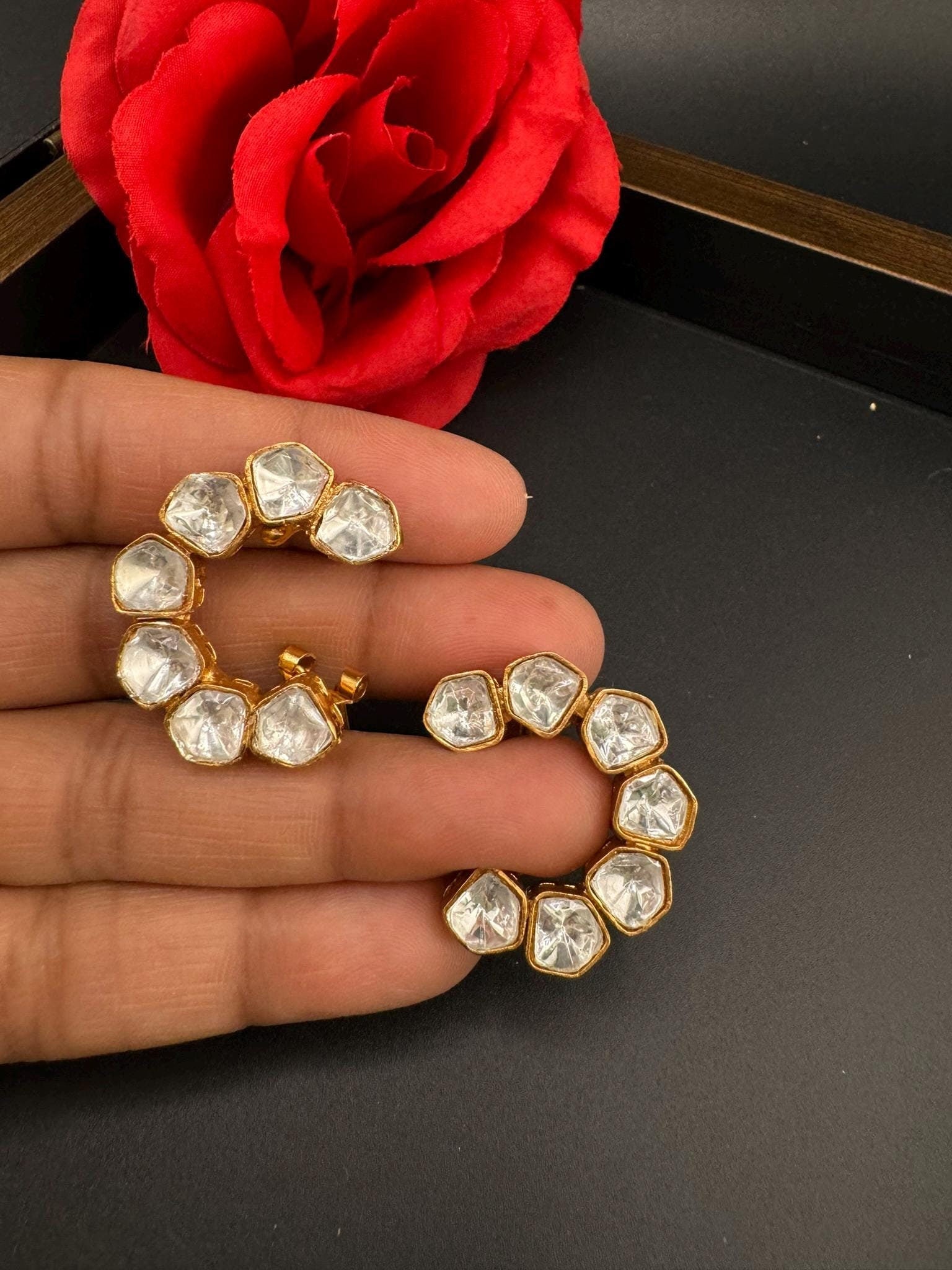 High Quality Premium uncut Kundan in unique setting is designer stud earrings with back support/uncut kundan Stud earrings/statement stud