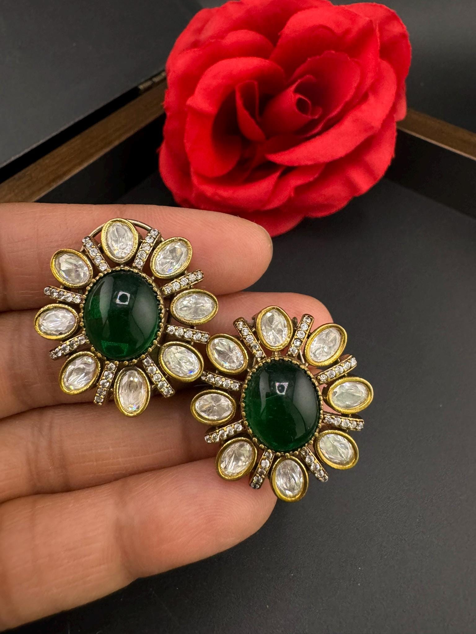 High Quality Premium Moissanite Kundan, CZ and Doublet stone is designer Big stud earrings/Big kundan Stud earrings/statement Oversized stud