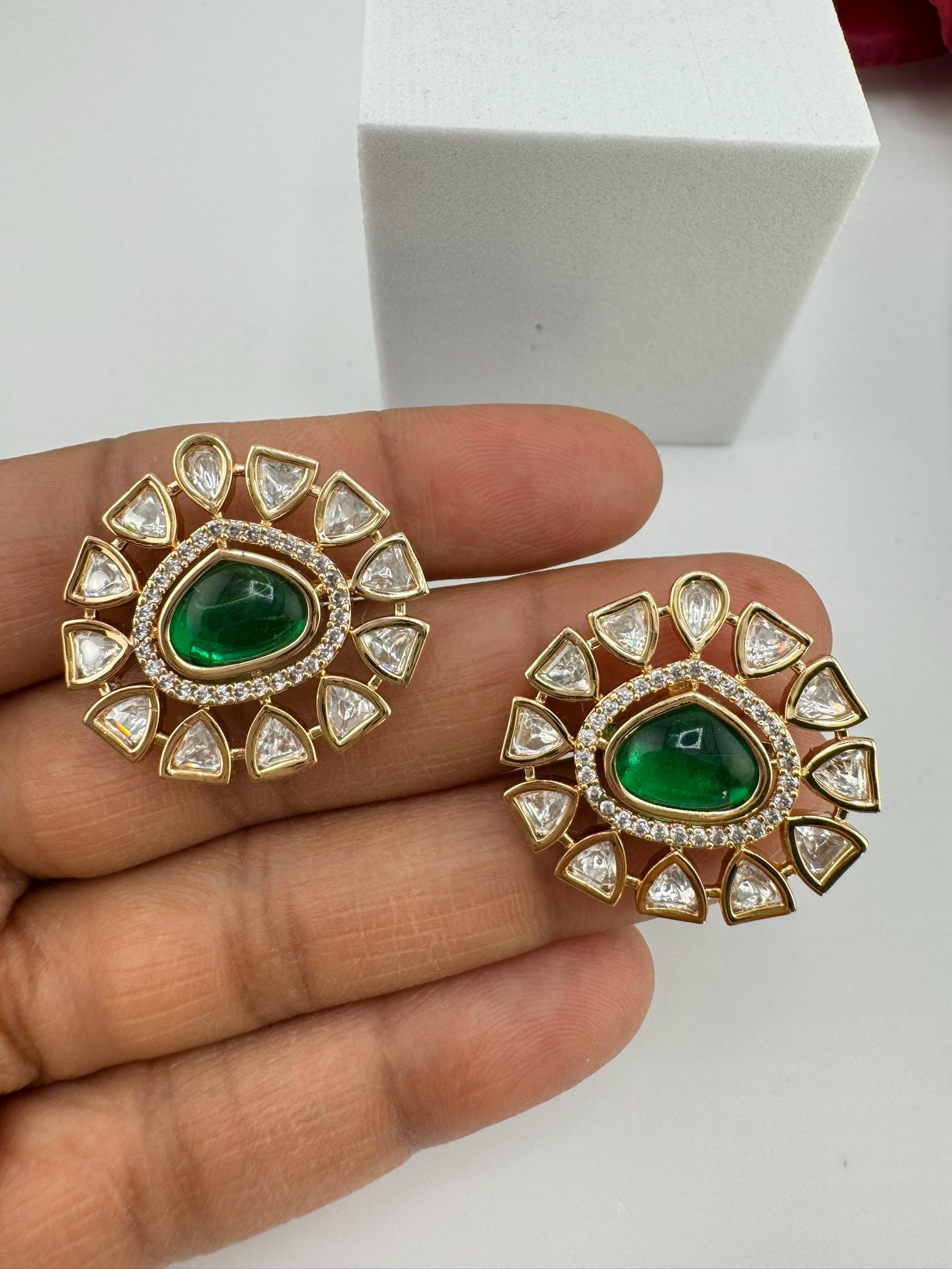 High Quality Premium Moissanite Kundan, CZ and Green stone is designer Big stud earrings/Big kundan Stud earrings/statement Oversized stud