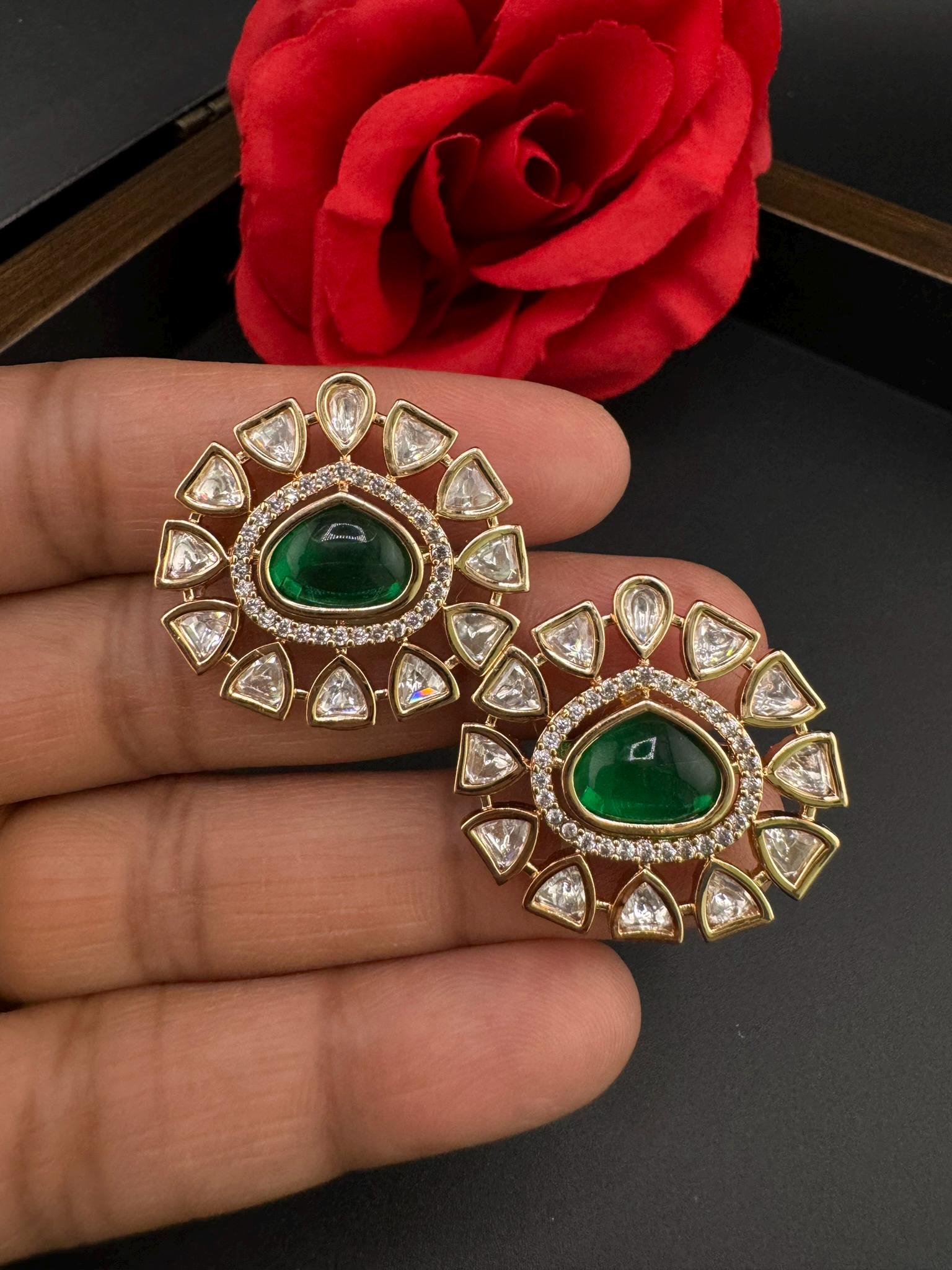 High Quality Premium Moissanite Kundan, CZ and Green stone is designer Big stud earrings/Big kundan Stud earrings/statement Oversized stud