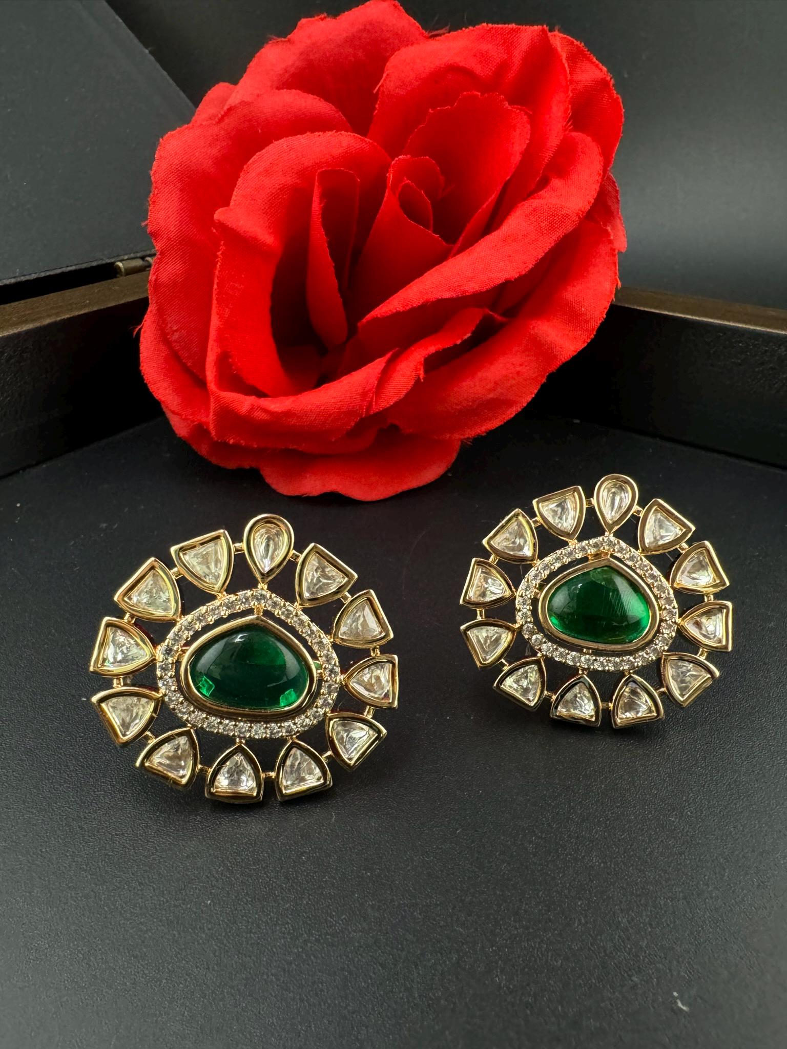 High Quality Premium Moissanite Kundan, CZ and Green stone is designer Big stud earrings/Big kundan Stud earrings/statement Oversized stud