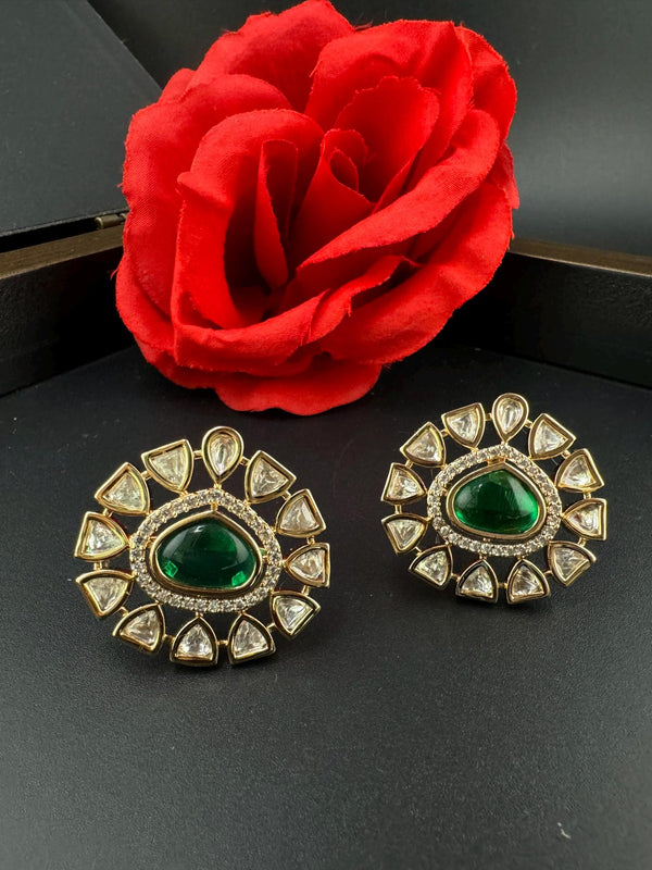 High Quality Premium Moissanite Kundan, CZ and Green stone is designer Big stud earrings/Big kundan Stud earrings/statement Oversized stud