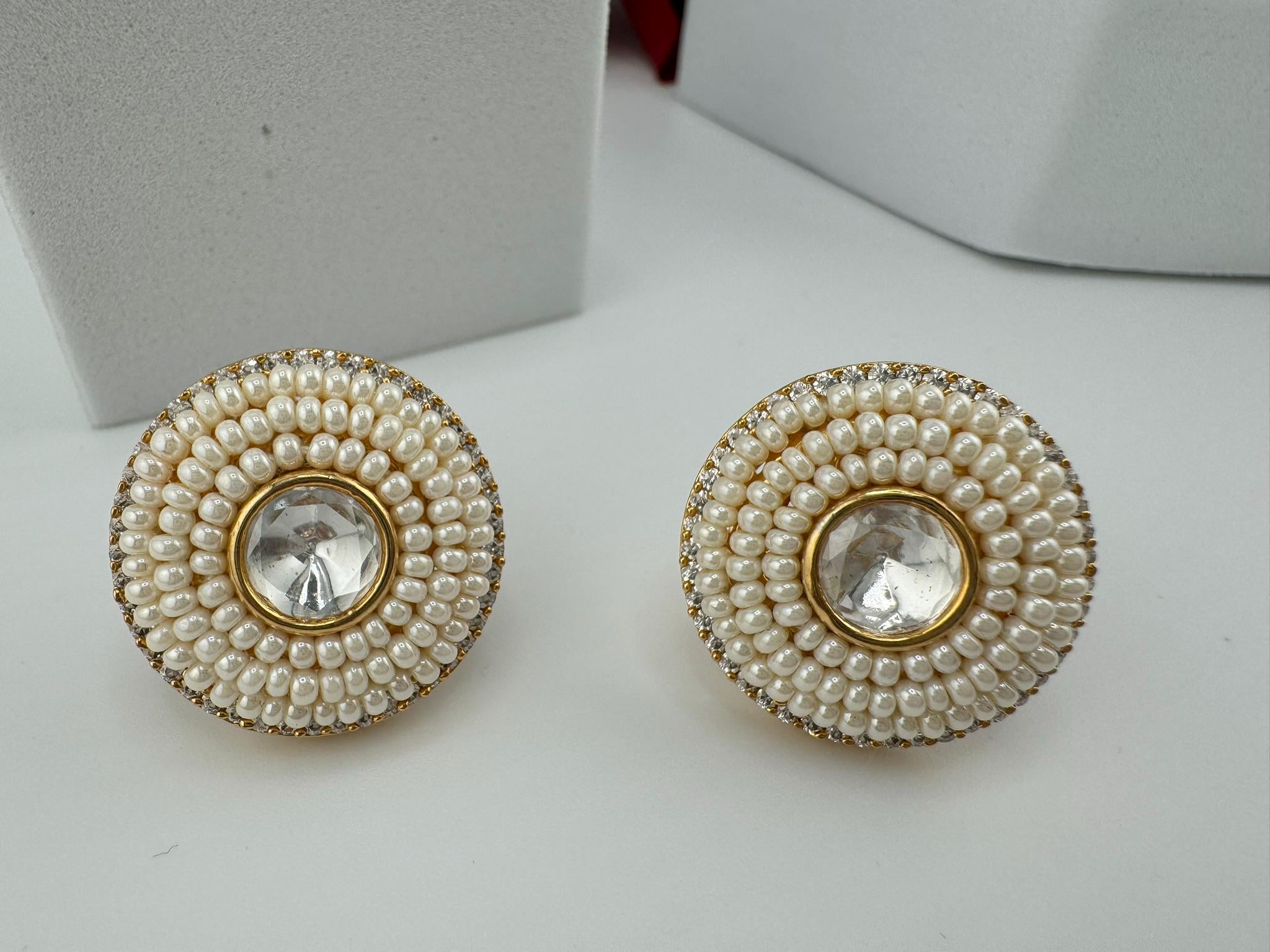 High Quality Premium Moissanite Kundan, CZ and small pearls is designer stud earrings/uncut kundan Stud earrings/Statement Big stud