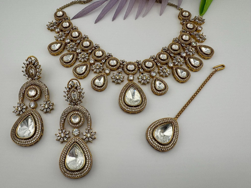 Premium Quality Moissanite Kundan, Cubic Zirconia is Designer Heavy Necklace set with long earrings and Tikka/Indian jewelry/Bridal necklace
