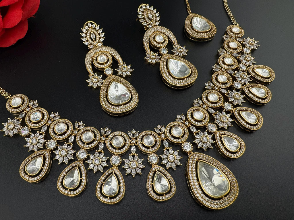 Premium Quality Moissanite Kundan, Cubic Zirconia is Designer Heavy Necklace set with long earrings and Tikka/Indian jewelry/Bridal necklace
