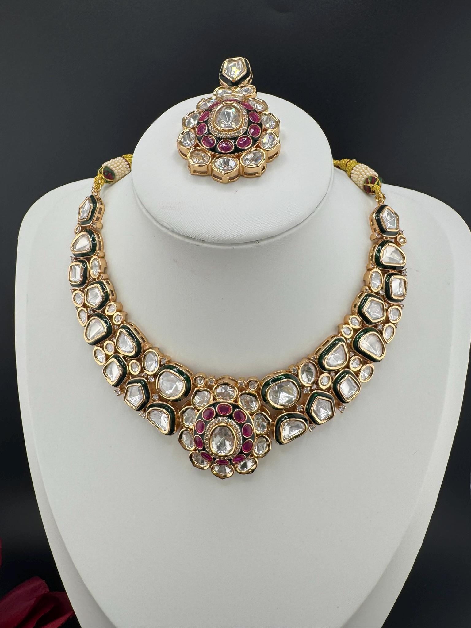 Bridal Premium Quality Moissanite Kundan, Italian Minakari, CZ, Stones Tyaani Inspired Necklace set with earrings