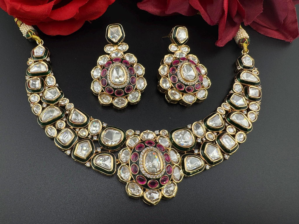 Bridal Premium Quality Moissanite Kundan, Italian Minakari, CZ, Stones Tyaani Inspired Necklace set with earrings