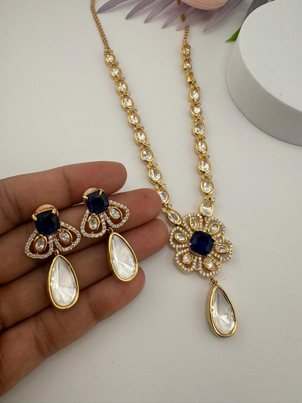 Premium Quality Moissanite Kundan, CZ,blue stone is Tyaani inspired Designer Necklace set with Kundan earrings