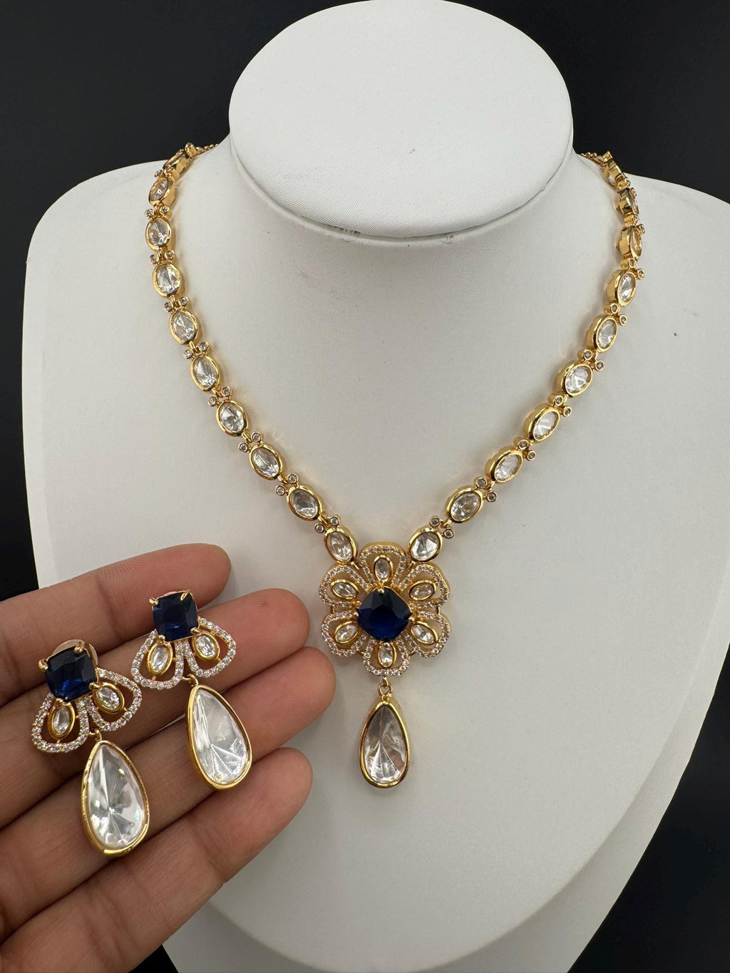 Premium Quality Moissanite Kundan, CZ,blue stone is Tyaani inspired Designer Necklace set with Kundan earrings