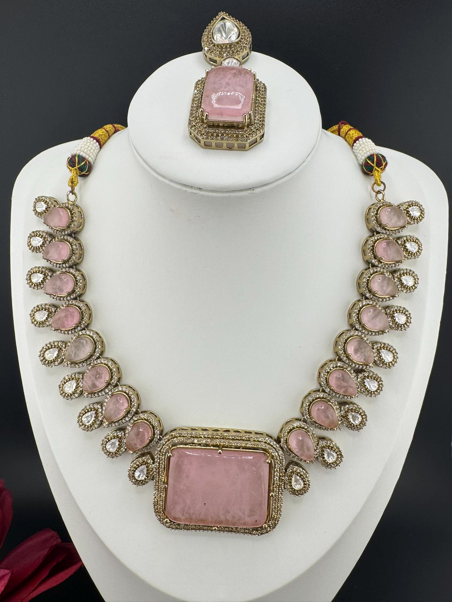 Baby Pink Premium  Doublet stone and Moissanite Uncut Kundan Designer necklace set