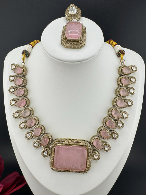 Baby Pink PremiumDoublet stone and Moissanite Uncut Kundan Designer necklace set