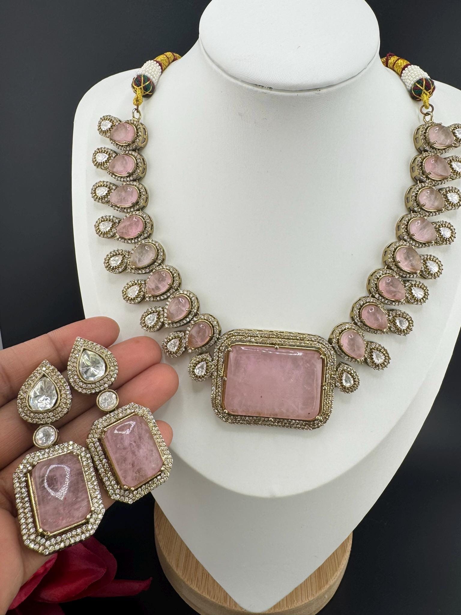 Baby Pink Premium  Doublet stone and Moissanite Uncut Kundan Designer necklace set