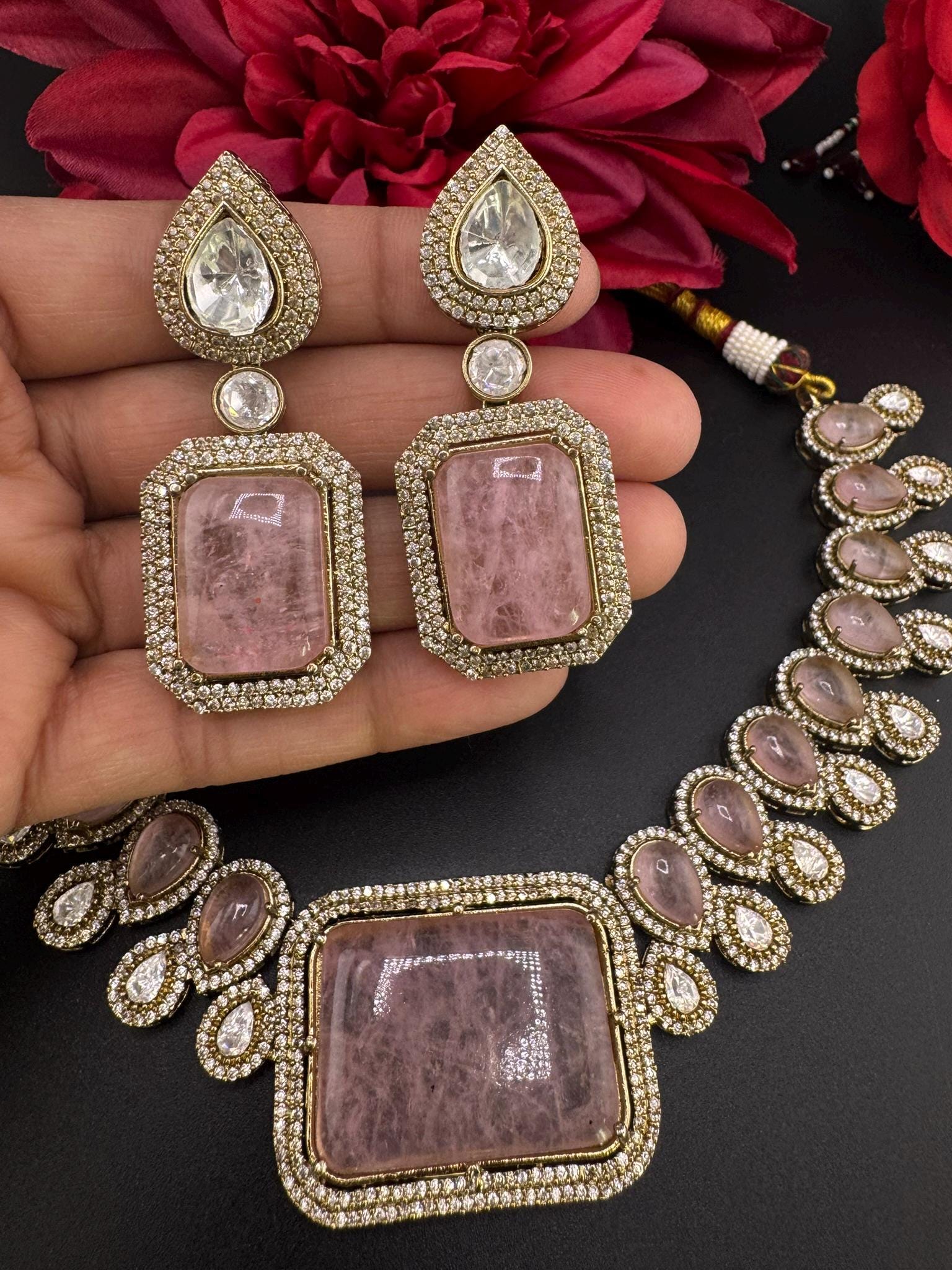 Baby Pink Premium Quality Moissanite Uncut Kundan, Doublet stones is Designer Heavy necklace set/Bridal Necklace with earring/Indian Jewelry